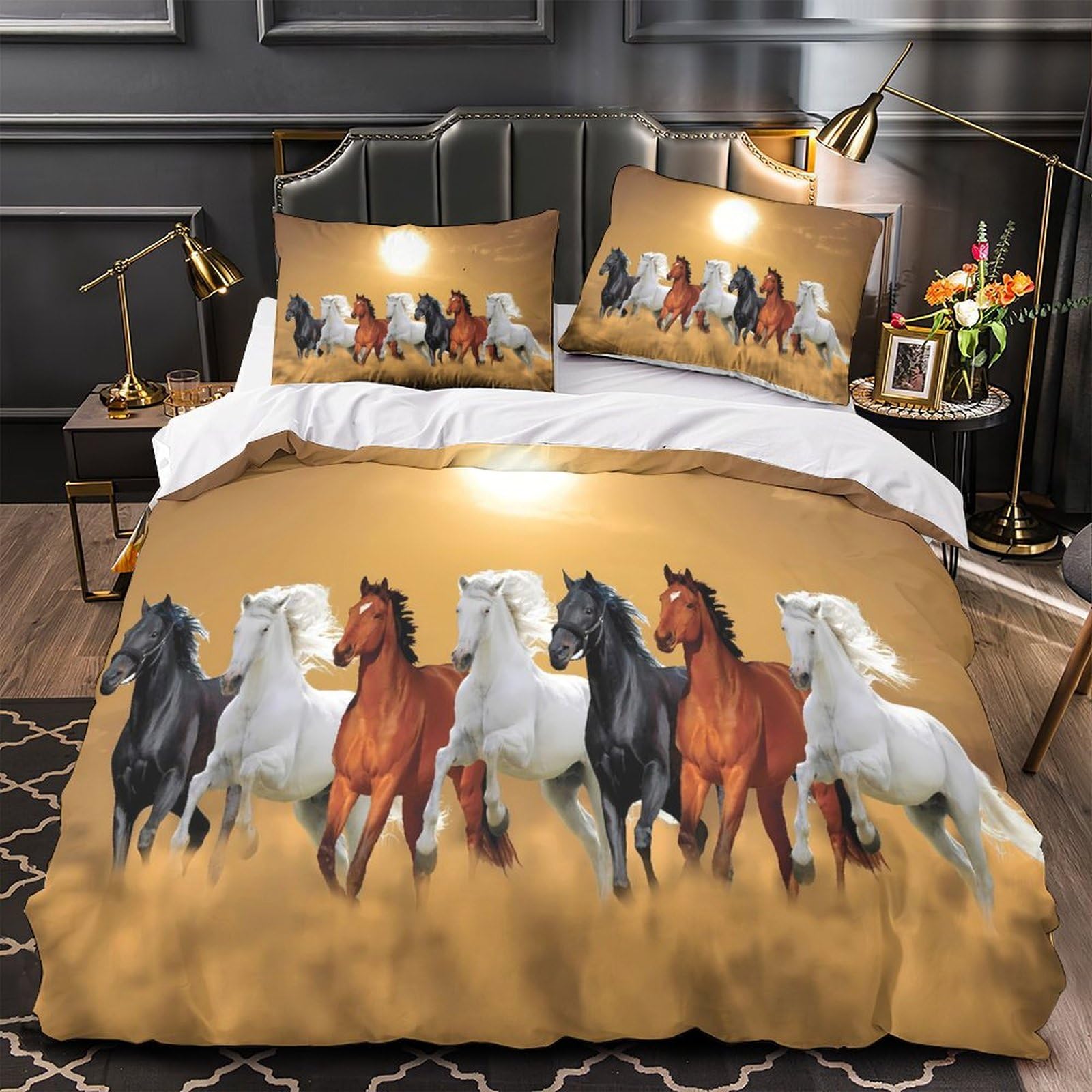 Housse de couette chevaux 3D hypoallergénique et douce pour lit single 135x200
