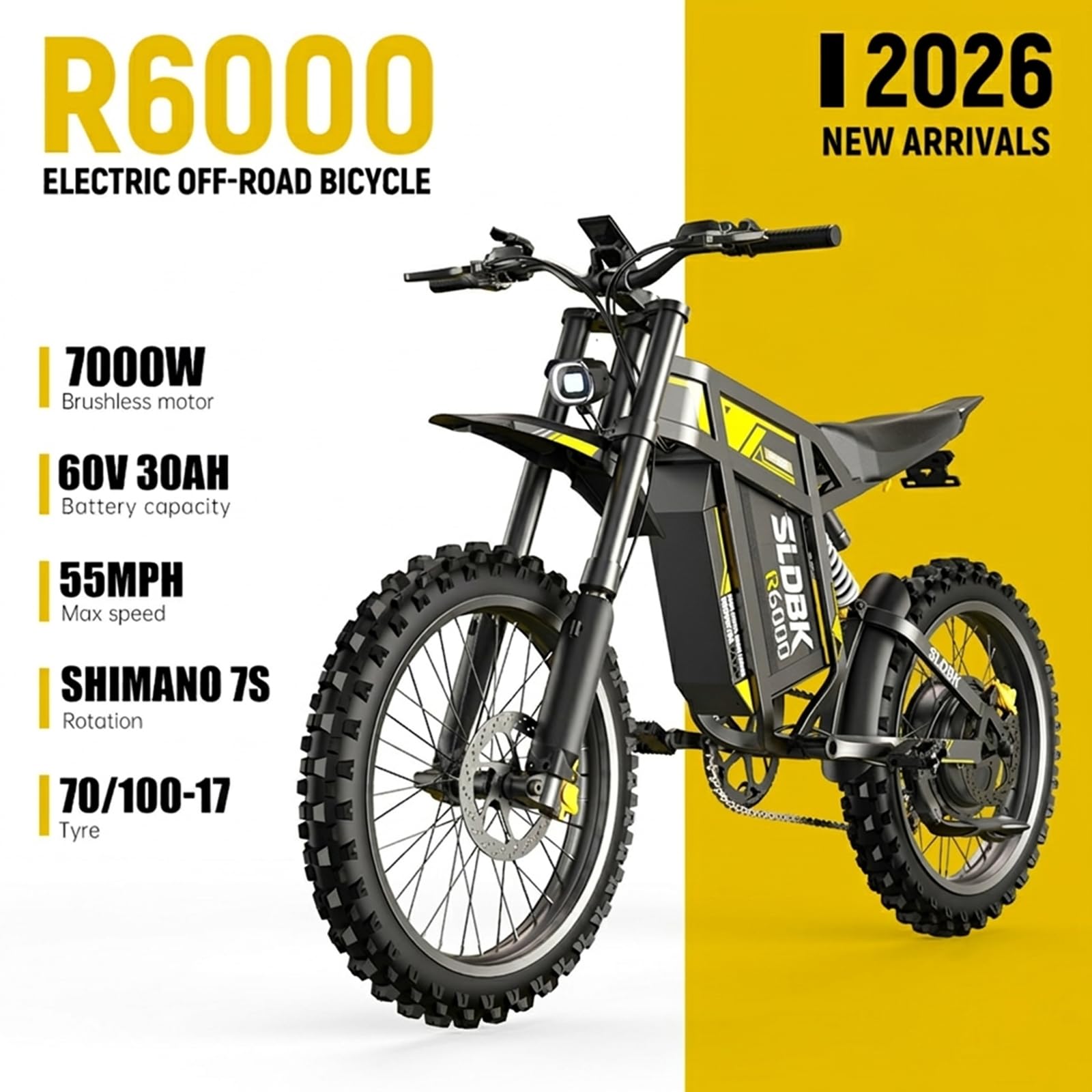 R6000 Vélo électrique Tout-Terrain Adulte, Batterie Amovible 60V 30Ah, Autonomie jusqu'à 75 Miles, Pneus 17", Suspension complète, Freins hydrauliques, Écran LCD, NFC, Shimano 7 Vitesses