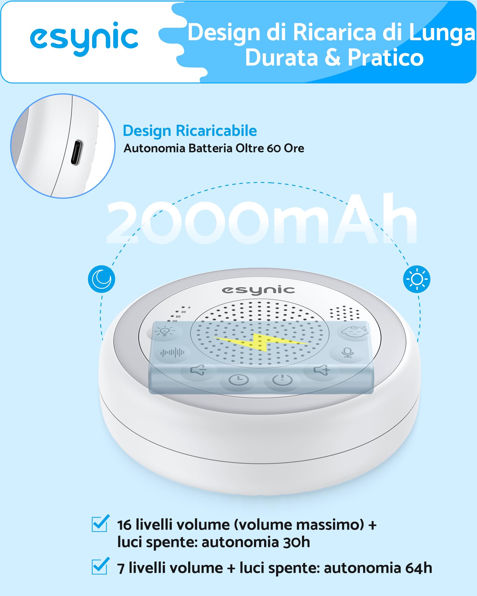 eSynic Macchina Rumore Bianco con Rilevamento del Pianto, 24 Suoni Rilassanti, Luce Notturna Colorata Regolabile, Durata 60+ Ore, Funzione Timer e Memoria, con Ciondolo per Lettino Passeggino Auto