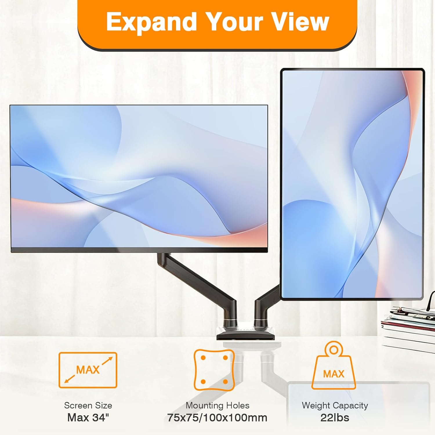 Dual Monitor Arms, Gas Spring Monitor Arms for 2 Monitors up to 34" Curved/Flat, 22lbs per Arm, VESA Mount 75x75 100x100mm, C-Clamp & Grommet Base, Adjustable Tilt/Swivel/Rotation