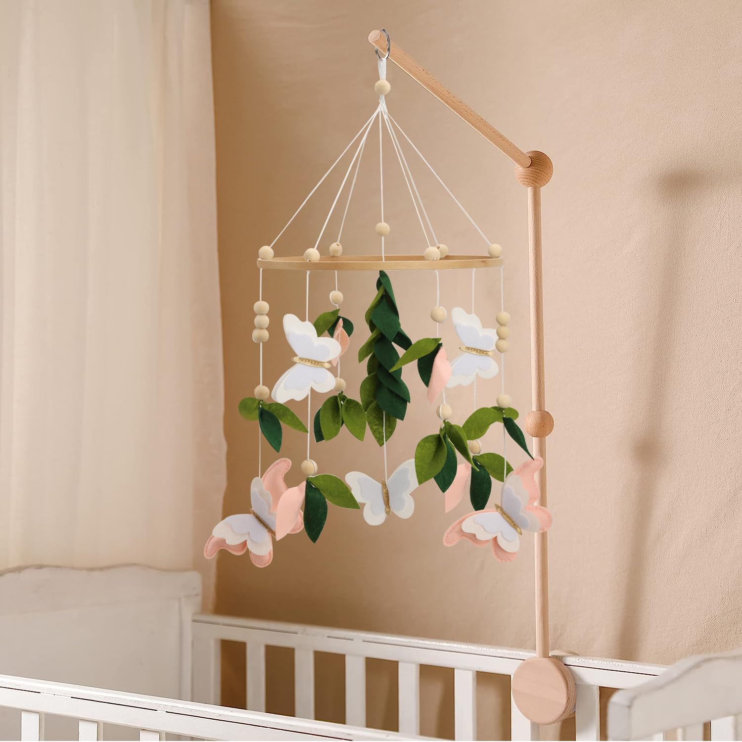 Butterfly Mobile for Crib – A Beautiful Butterfly Handmade Crib Mobile with Green Leaves, Pink, White and Gold Detail for a Nature or Wildflower Theme Nursery Butterfly Mobile for Crib – A Beautiful Butterfly Handmade Crib Mobile with Green Leaves, Pink, White and Gold Detail for a Nature or Wildflower Theme Nursery