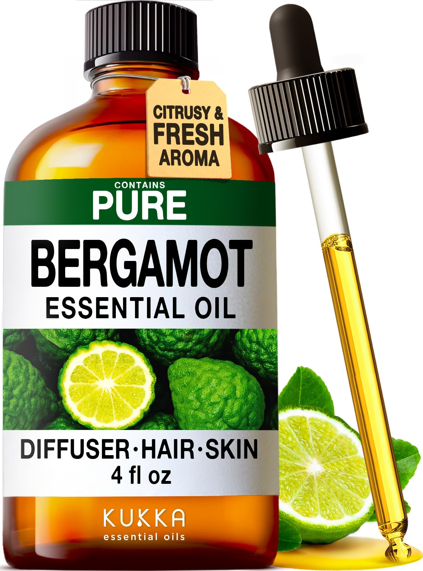 KUKKA Bergamot Essential Oils - 4 Fl Oz - for Hair, Skin, Diffuser, Aromatherapy & DIY Soap Making Scent