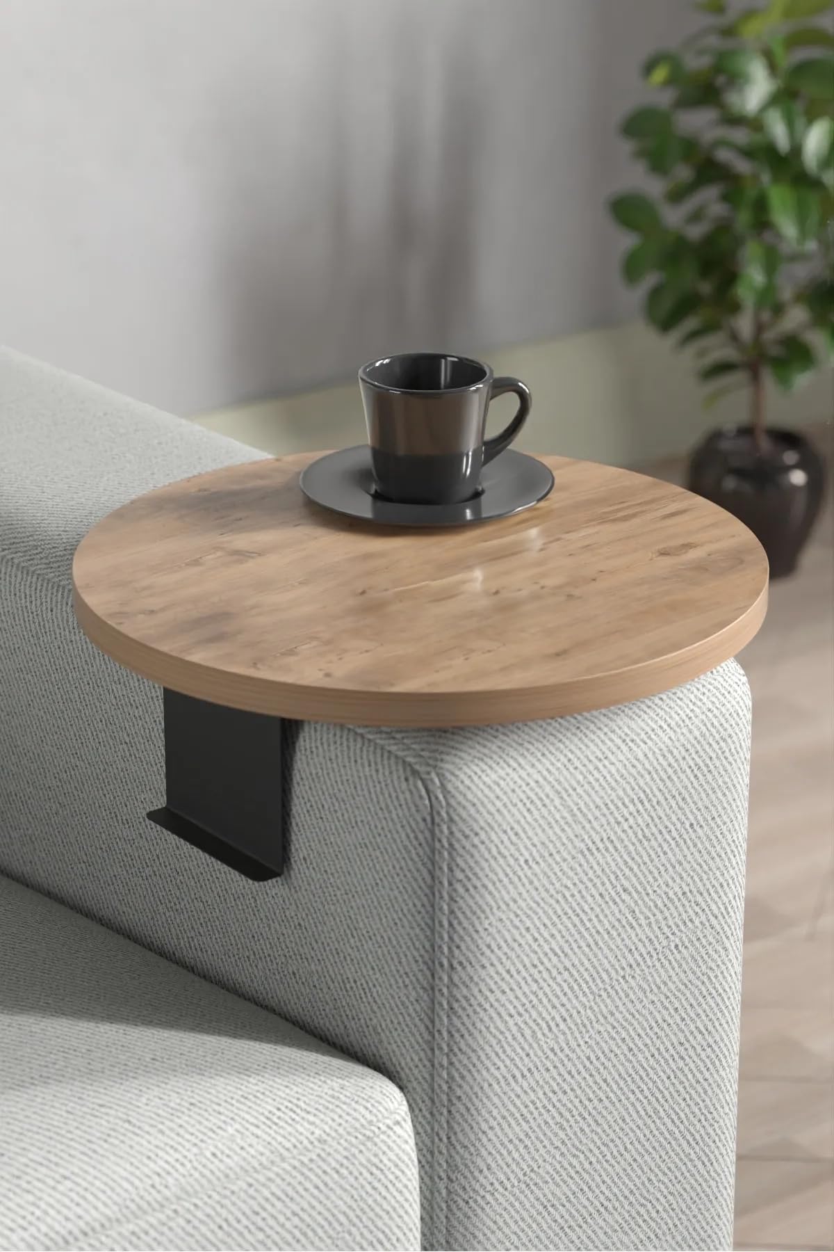 Bandeja de sofá para reposabrazos, bandeja ajustable para sofá con soporte para bebidas, diseño especial con práctico soporte de metal, bandeja para asientos, diámetro 35 cm (2, marrón)
