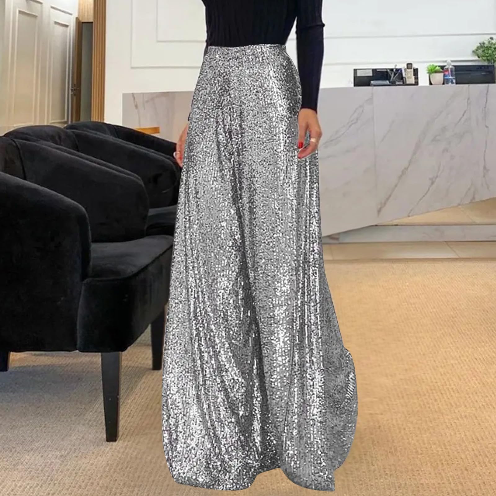 XUNRYAN Sequin Pants Womens Disco Outfits Glitter Sparkly Wide Leg Pants Flowy Boho Trousers Hippie Clothes Concert Clubwear Silver