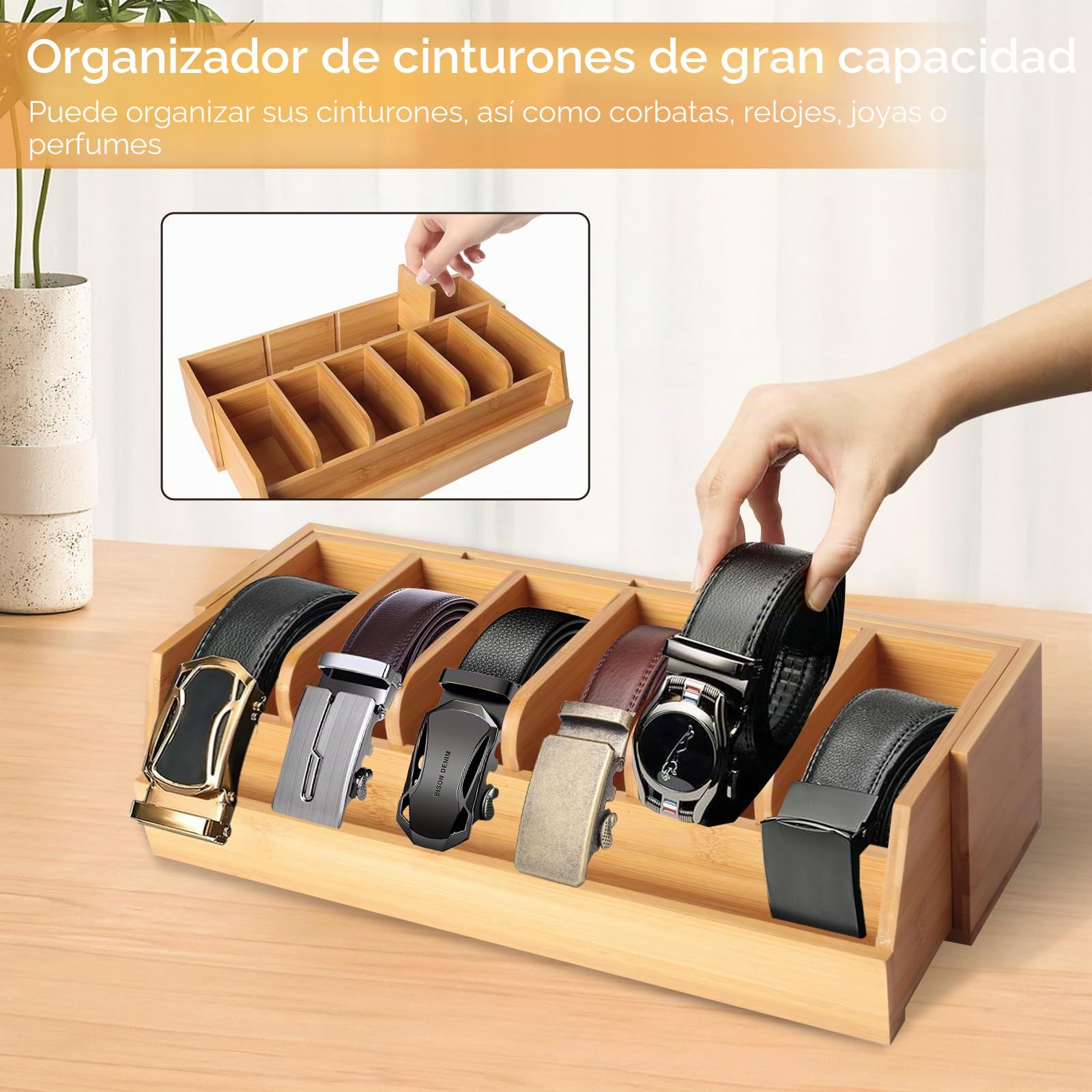 Organizador de Cinturón de Madera, 10 Compartimentos, Soporte de Cinturón de Bambú para Armario y Cajón, Estante de Exhibición para Hombres y Mujeres, Color de Madera