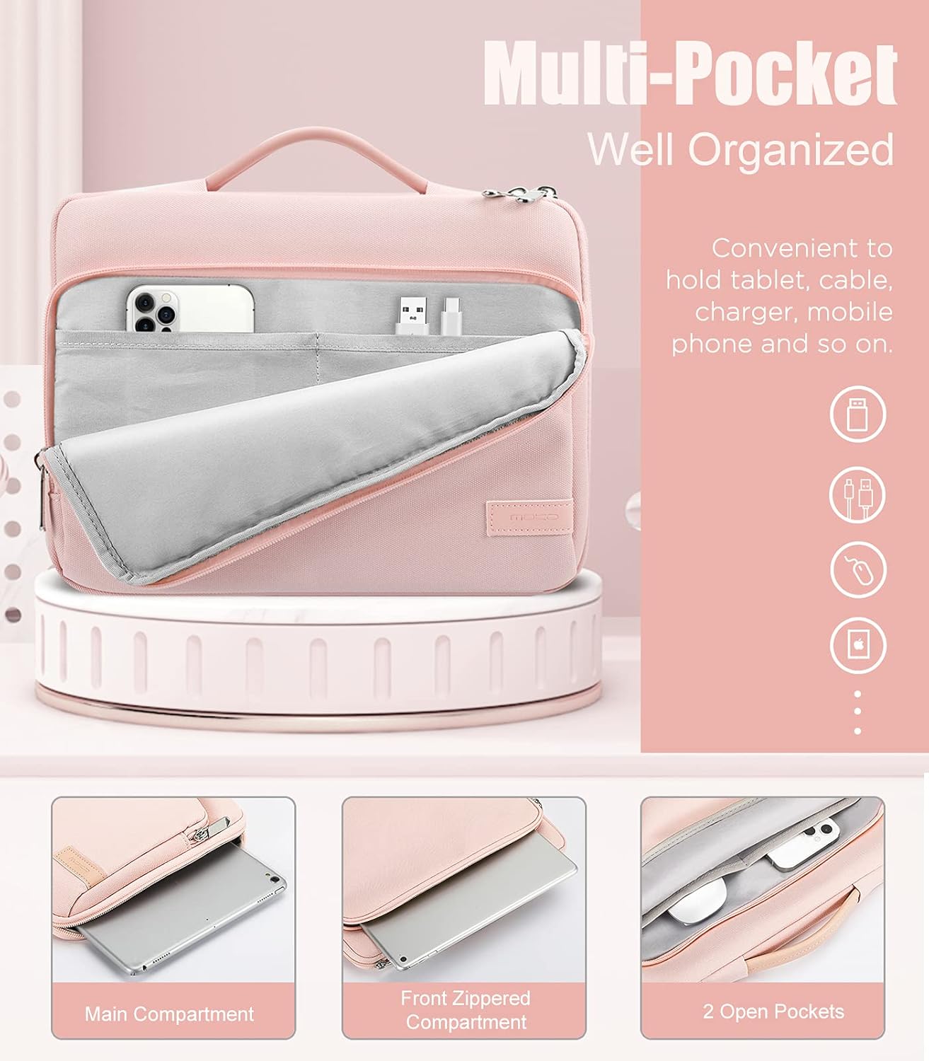 MoKo 9-11 Inch Tablet Sleeve Bag Carrying Case with Retractable Handle Fits iPad air 5 10.9" 2022, iPad Pro 11 2021-2018, iPad 9/8/7th Gen 10.2/Air 4 10.9/9.7,Tab A 10.1/Tab S8+ 12.4", Pink : Electronics