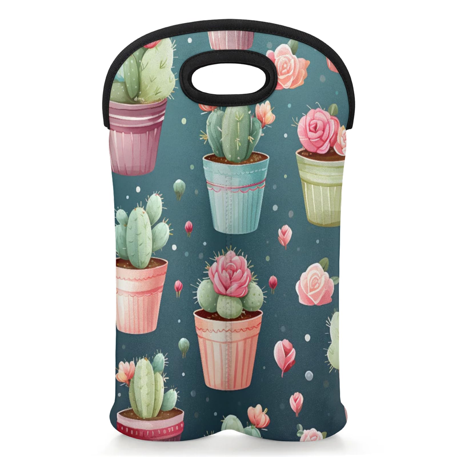 GzLeyigou 2 Bottles Cactus Flower Wine Bag Sleeve Totes Neoprene Protective Wine Carrier Bag for Wine,Water, Champagne, Beer, Baby Bottles,Gift 14.5 x 10 Inches