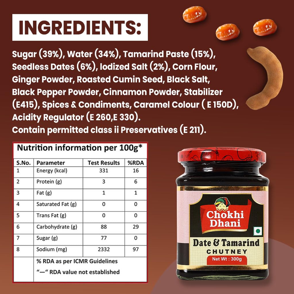 Chokhi Dhani Date & Tamarind Chutney 300g | Imli & Khajoor Ki Chutney | Sweet & Tangy Indian Chutney for Chaat, Snacks & Meals | Pack of 1 3
