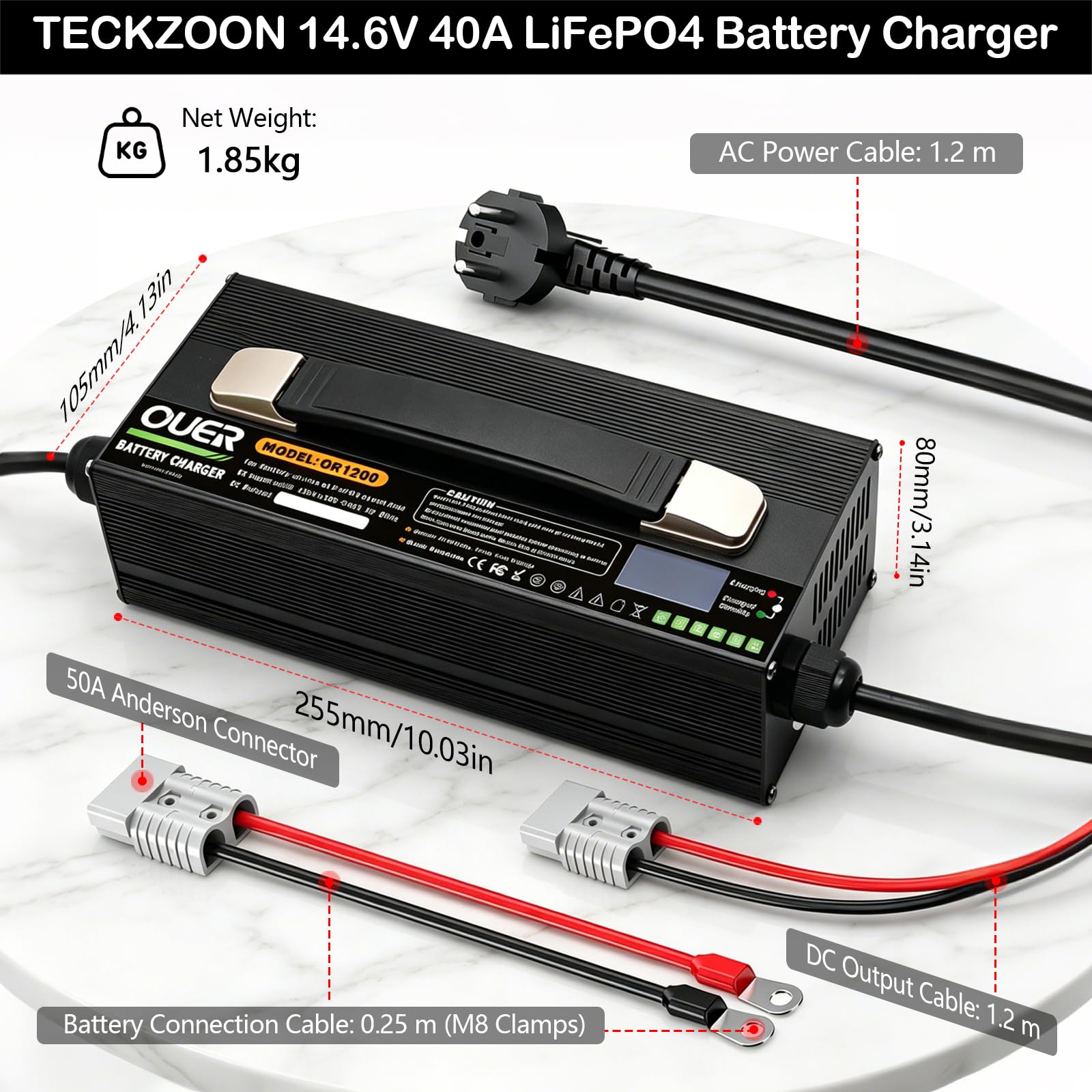 LiFePO4 ładowarka 14,6 V 40 A do baterii 4S 12 V LiFePO4, AC DC, Smart 4-stopniowe ładowanie z wentylatorem chłodzącym, wyświetlaczem LED i 2 wtyczkami, do akumulatorów Deep Cycle do łodzi, RV i