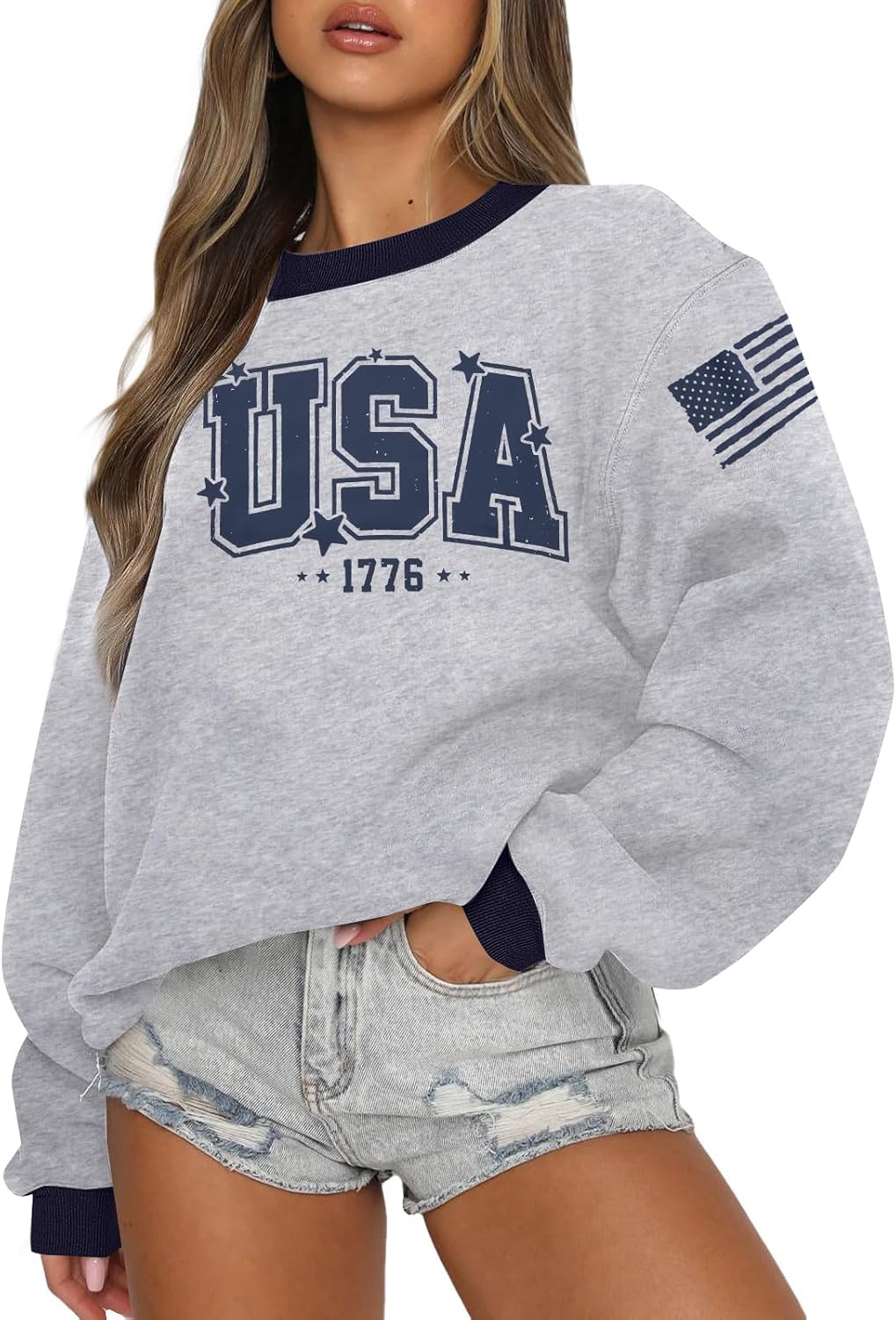 ASTANFY USA Letter Sweatshirt Womens Casual Long Sleeve Graphic Shirts American Team Flag CrewNeck Pullover Tops - Image 4