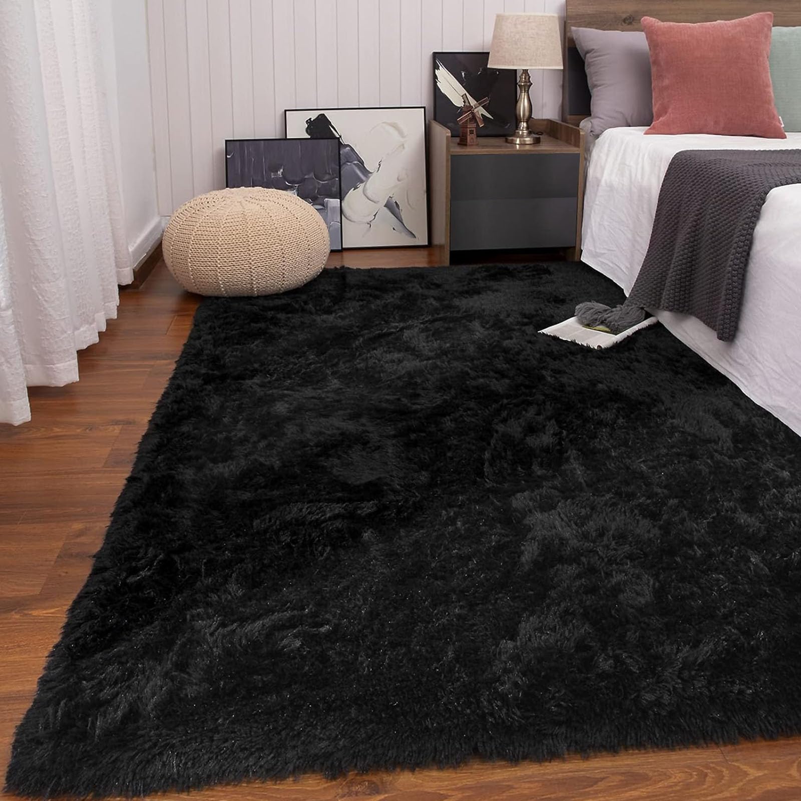 Tapis salon moderne 210x220 cm noir super doux et moelleux pour chambre d'enfant