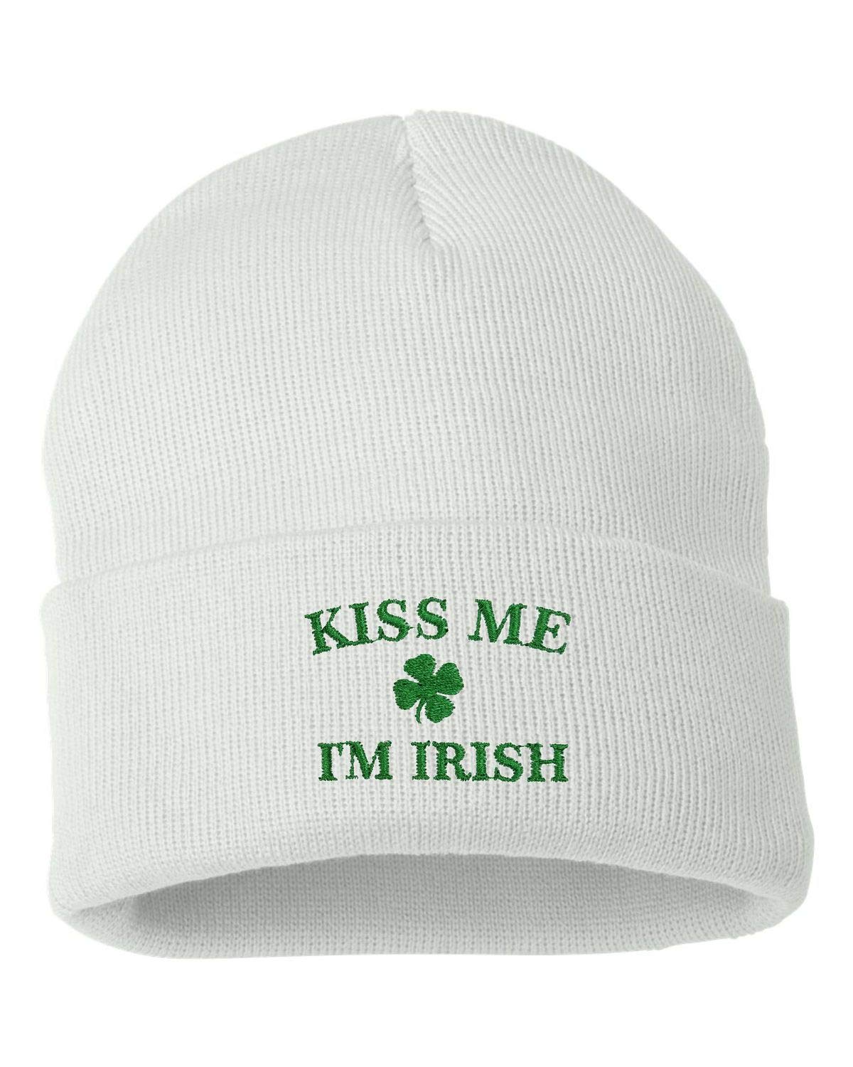 One Size White Cuffed Kiss Me I'm Irish Embroidered Cuffed Knit Beanie Cap