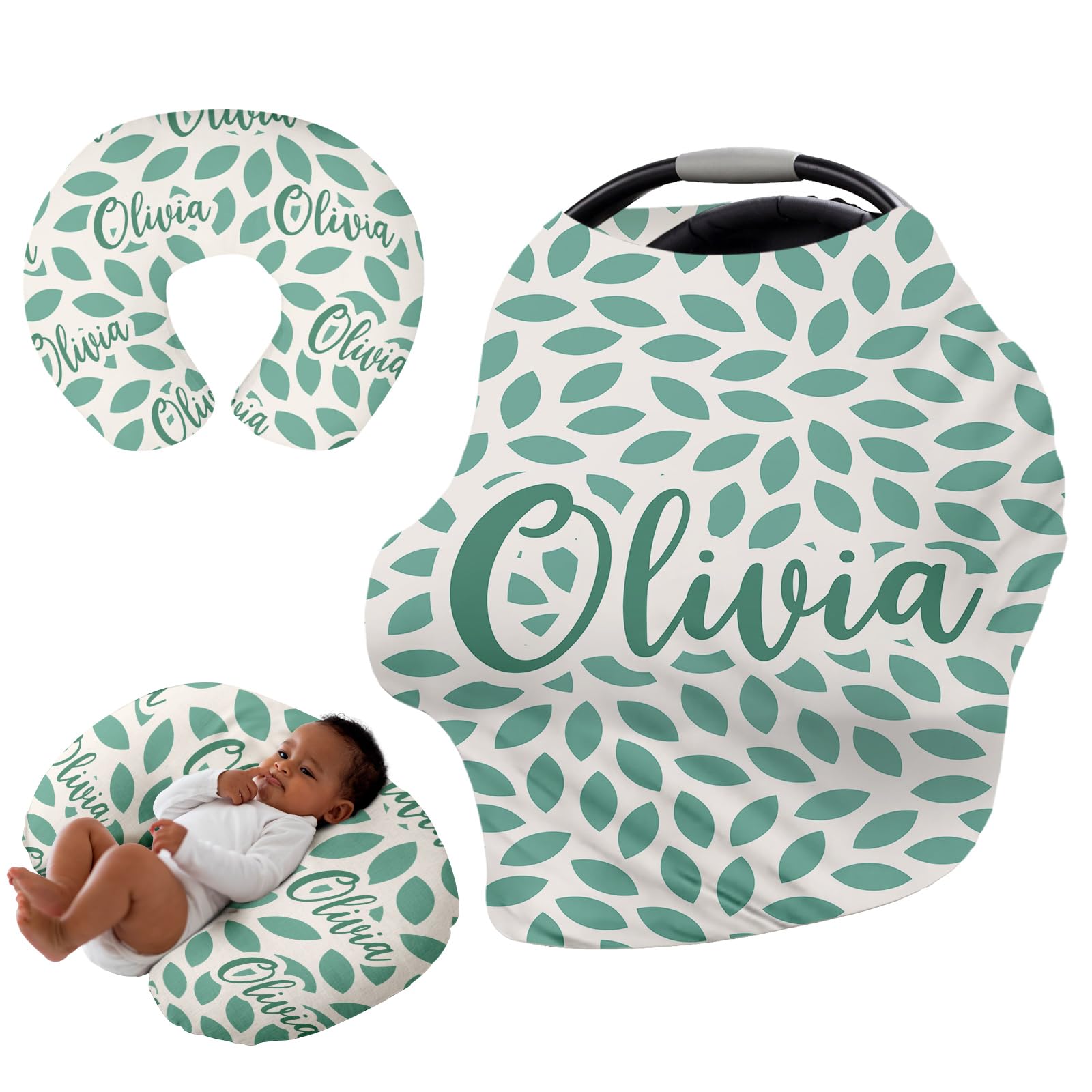 Personalised Car Seat Cover for Girls and Boys - 7 in 1 Multipurpose Breast Feeding Cover, Nursing Cover, Green Leaf Pattern Grocery Cart Cover - Birthday Gift for Babies