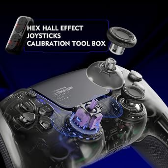 HEXGAMING ULTIMATE PRO Gaming Controller PS5/PC/Mobile Compatible, Hall Effect version – 4 assignable back buttons, 6 custom profiles, adjustable trigger, 8 interchangeable thumbsticks matte clear black