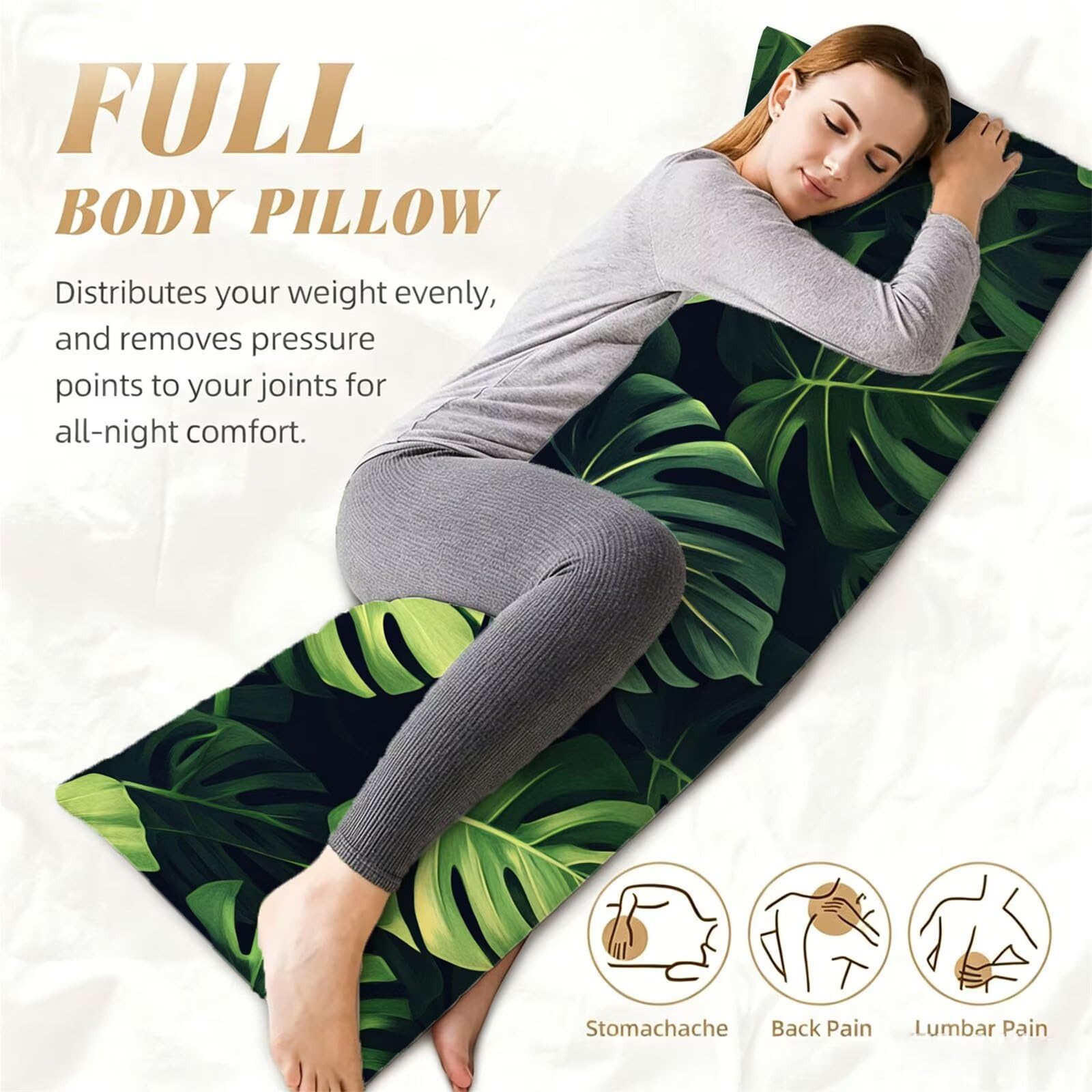Funda de Almohada 60 x 180 cm Verde Protector Almohada 180 cm con Cremallera Invisible, Lino Durable y Transpirable Pillow Case Largas Hoja Impresión a Doble Cara para Cama, Sofá y Dormitorio dg-89