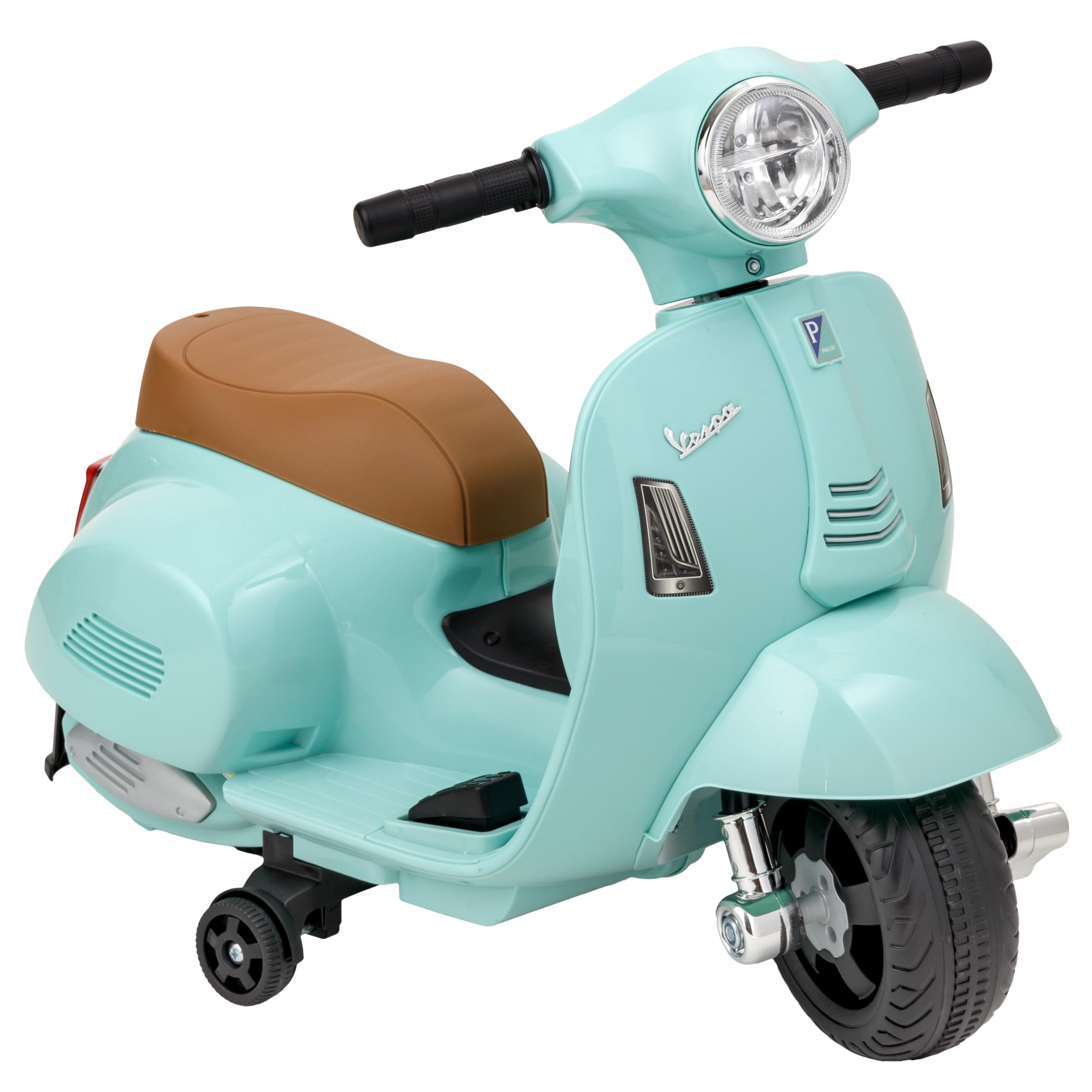 Baroni Toys Vespa Elettrica per Bambini Licenza Ufficiale, Moto Ride-On con Rotelle, Manubrio Sterzante, Fari e Clacson, Motore 6V, Velocità 3 km/h, da Interno ed Esterno, 61x31x32,5 cm, Verde Acqua