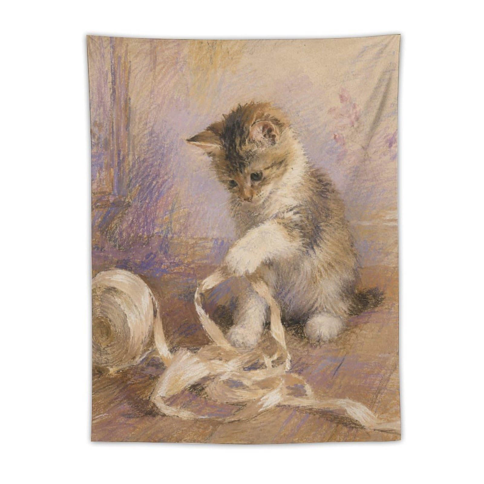 H3B8U2Y5 Kitten with Yarn Wall Tapestry, Watercolor Style, Apartment