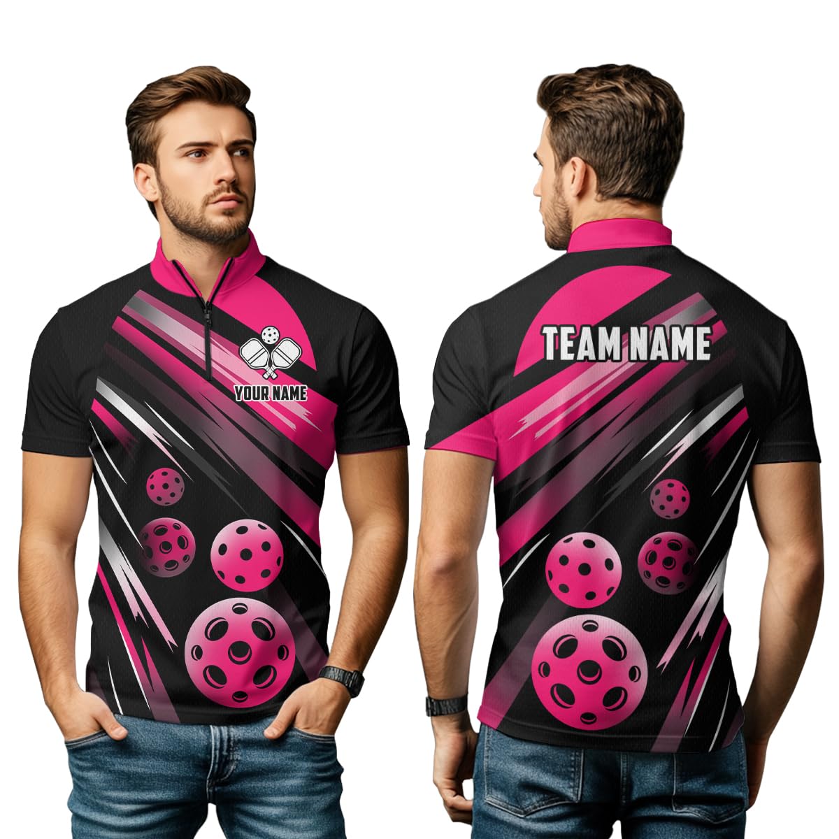 PIONAMZIOZ Personalized 3D Pickleball Shirts Pink Pickleball Jersey Pickle Ball Polo & Quarter-Zip Shirt Pickleball Team (US, Alpha, Small, 5X-Large, Regular, Regular, Quarter-Zip)