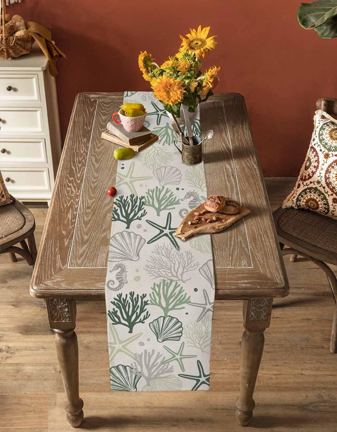 Sage Green Coastal Cotton Linen Table Runners 13"x108", Summer Beach Nautical Coffee Table Runner Dresser Scarves, Starfish Coral Rustic Table Runners for Wedding Party Banquet Dinner Decor