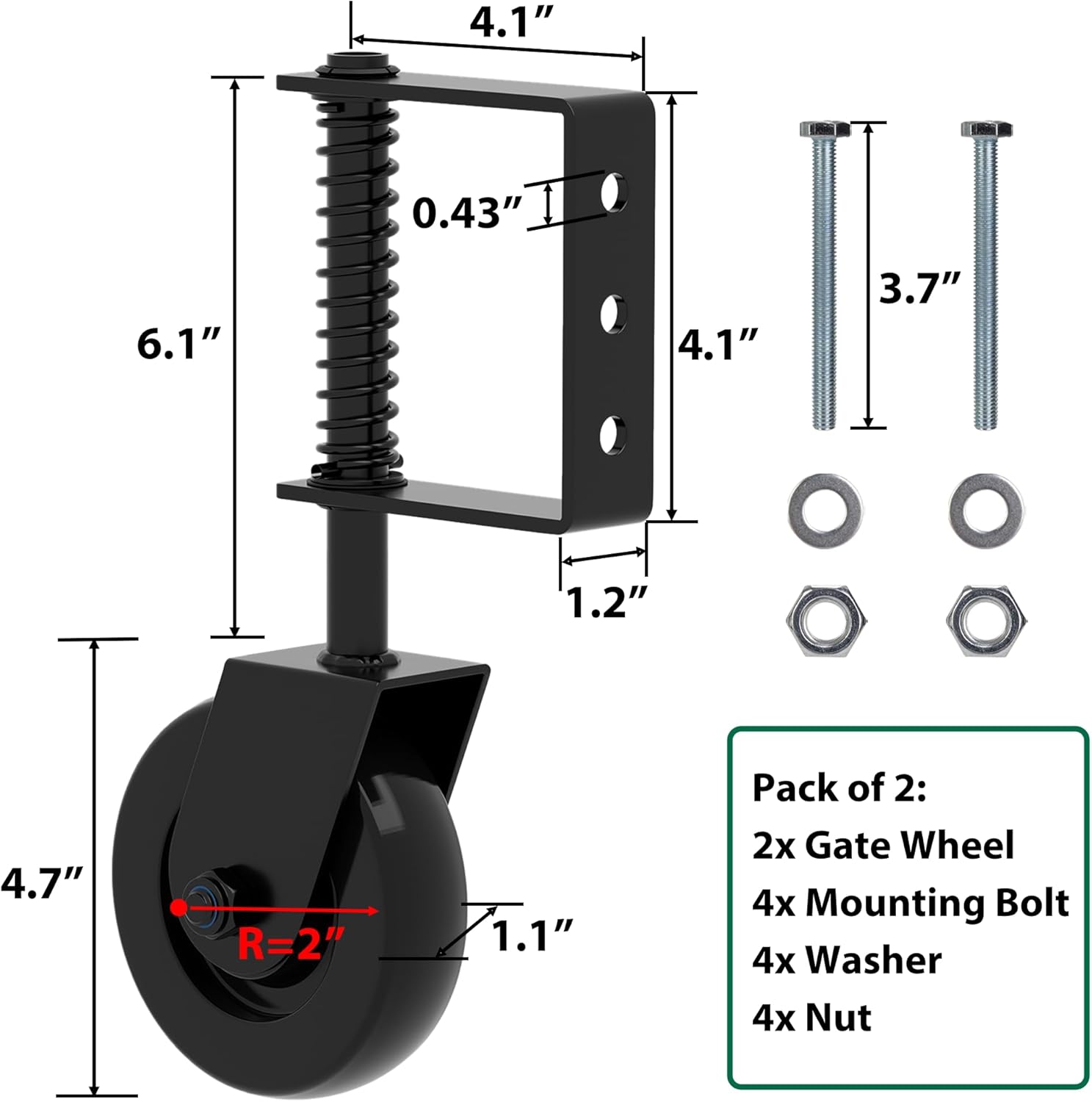 4.3"Heavy Duty Gate Wheel 360° Rotation Gate Wheel with Spring Loaded Shock Absorption Gate Caster Gate Kit for Fence, Farm, Garden and Wooden Gate 150 Lbs Capacity (2Pack)