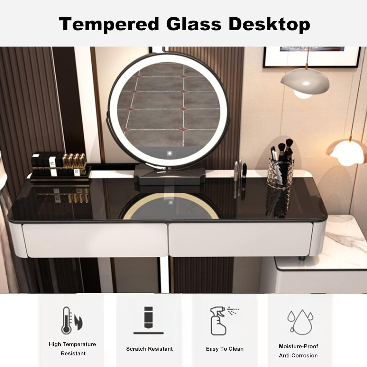 グレー / 強化ガラス / 80cmテーブル+LEDミラー Amazon｜ドレッシングテーブル強化ガラスドレッシングテーブルデスク