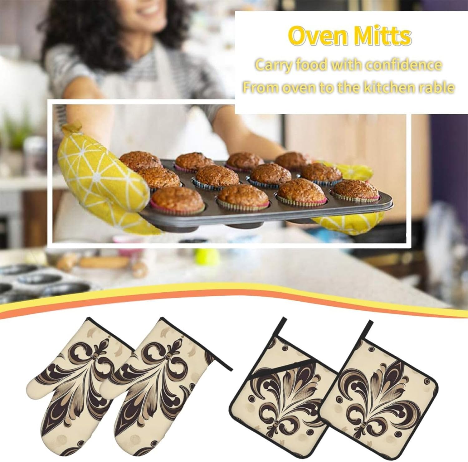 4 Pcs Oven Mitts and Potholders,Kitchen Oven Glove with Pot Holders,Non-Slip Gloves High Heat Resistant 500 Degree for BBQ, Grill, Baking, Cooking, Oven, Microwave