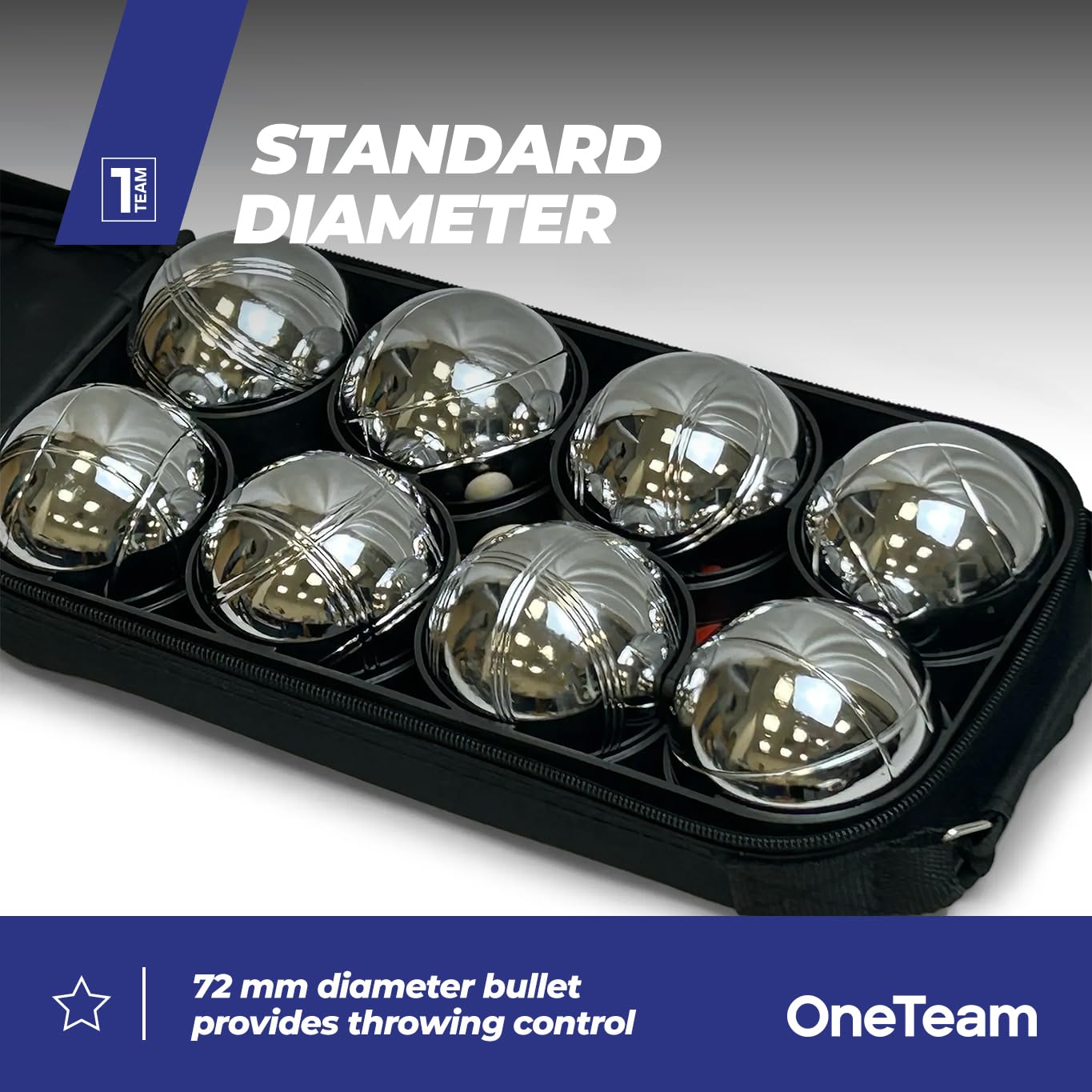 OneTeam Boule Set 8 Kugeln – Petanque Spiel für Erwachsene & Kinder – Verchromter Stahl – Silber – Robustes Outdoor Gartenspiel & Freizeitspaß