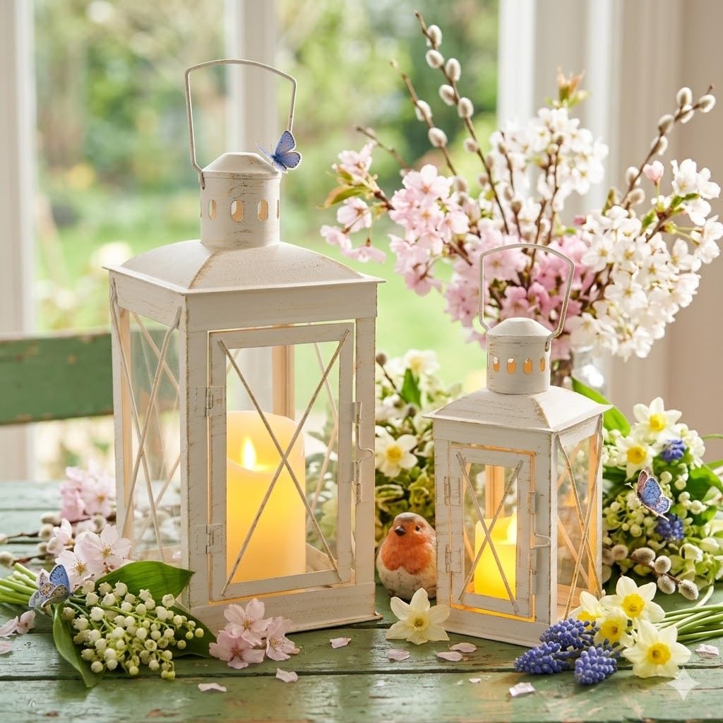 TRIROCKS Juego de 2 faroles decorativos para velas de metal de 30 cm y 20 cm de alto, perfecto para decoración del hogar, patio, sala de estar, fiestas, eventos, mesa, interiores y exteriores (blanco