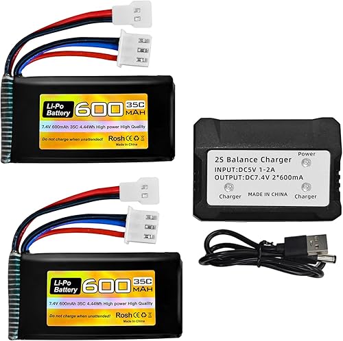 Fytoo Batería Lipo de 7.4 V 600 mAh 35C 2S con enchufe Molex con cargador 2 en 1 para FMS FCX24 RC coche, camión, vehículo eléctrico de escalada