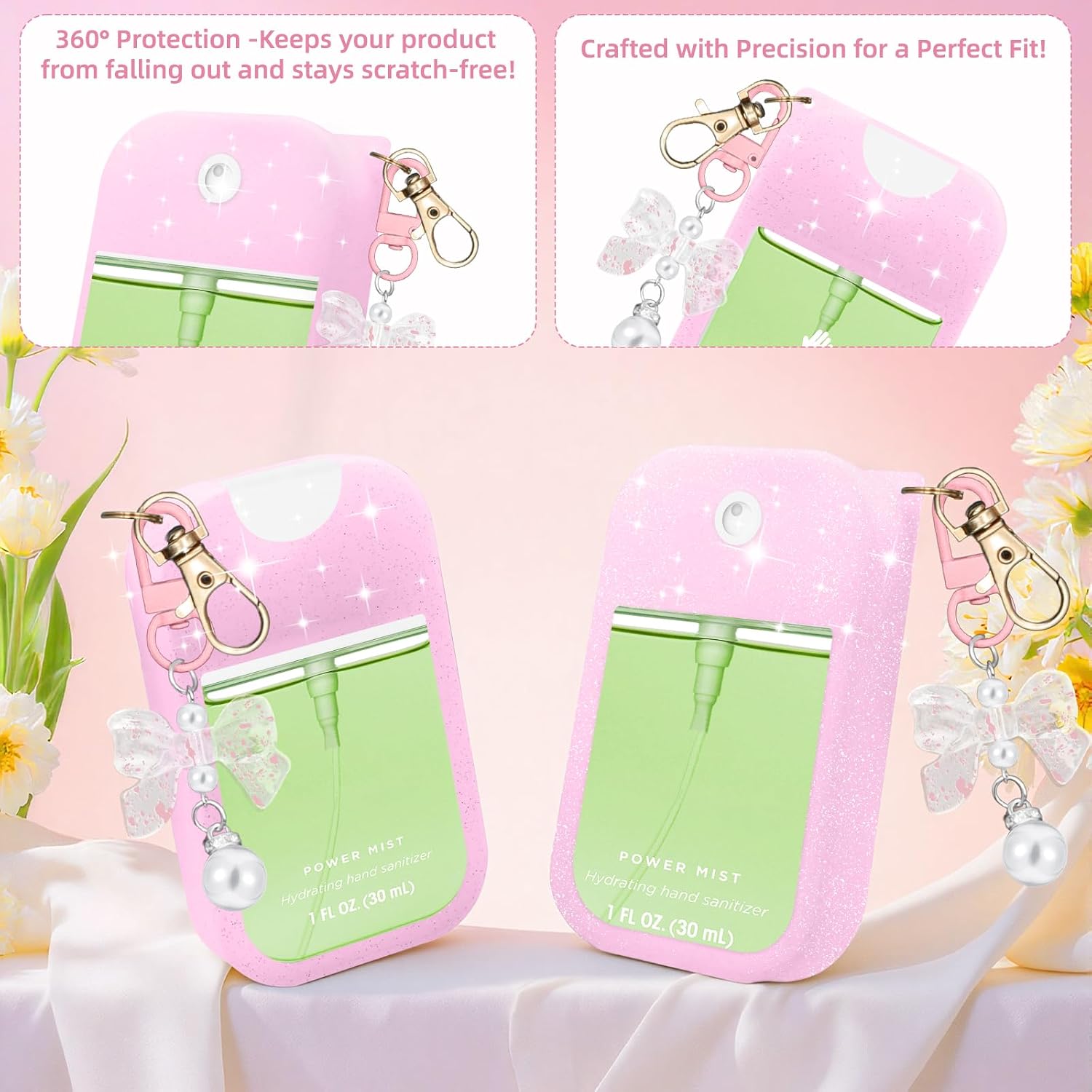 Silicone Case Compatible with Touchland Hand Sanitizer Spray Mist 1 oz with Bow Keychain