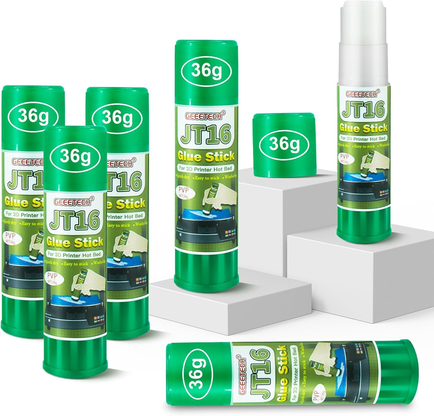 Geeetech 3D Printer Glue Sticks 6 Pack, 3D Printer Bed Adhesive for Hot Bed Printing, 36 Gram Each, Washable, PVP Solid 3D Print Glue Stick 3D Gloop for PLA/ABS/PETG/PC/PA/TPU Removing Printing Models
