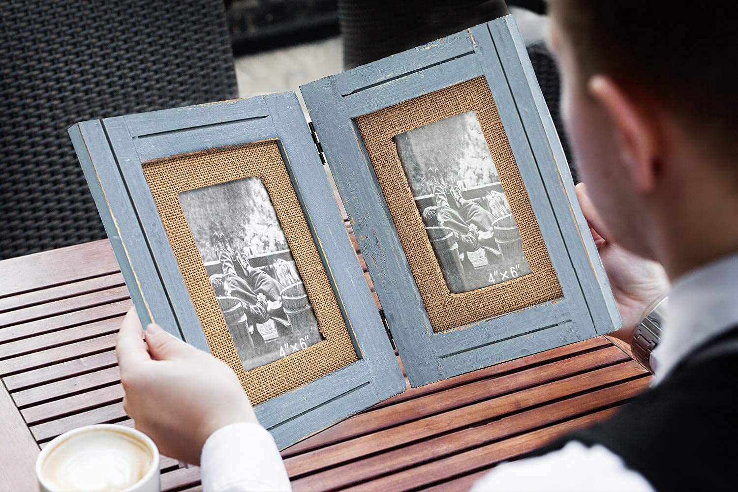 Distressed Hinged Double Picture Photo Frame 4x6 with Burlap Rim for Home Office Desk, Gift for Halloween, Thanks Giving Day, Birthday, Anniversary, Christmas, New Year, Mother's Day, Blue