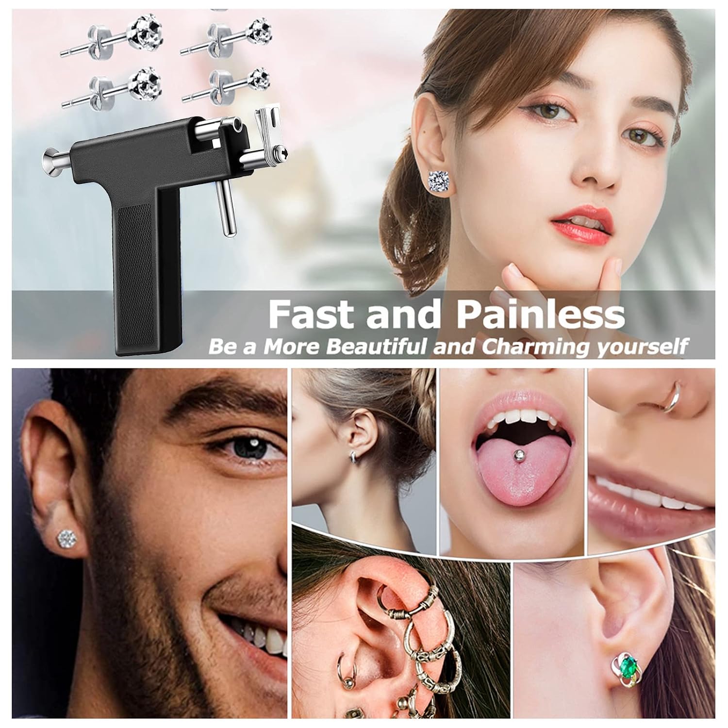Reusable Ear Piercing Kit, Professional Salon Peircings Gun Tools with Silver Earrings Set for Home Self Body Nose Lip Earrings Piercing Kit with 18 Pairs Stud Earrings (Black)