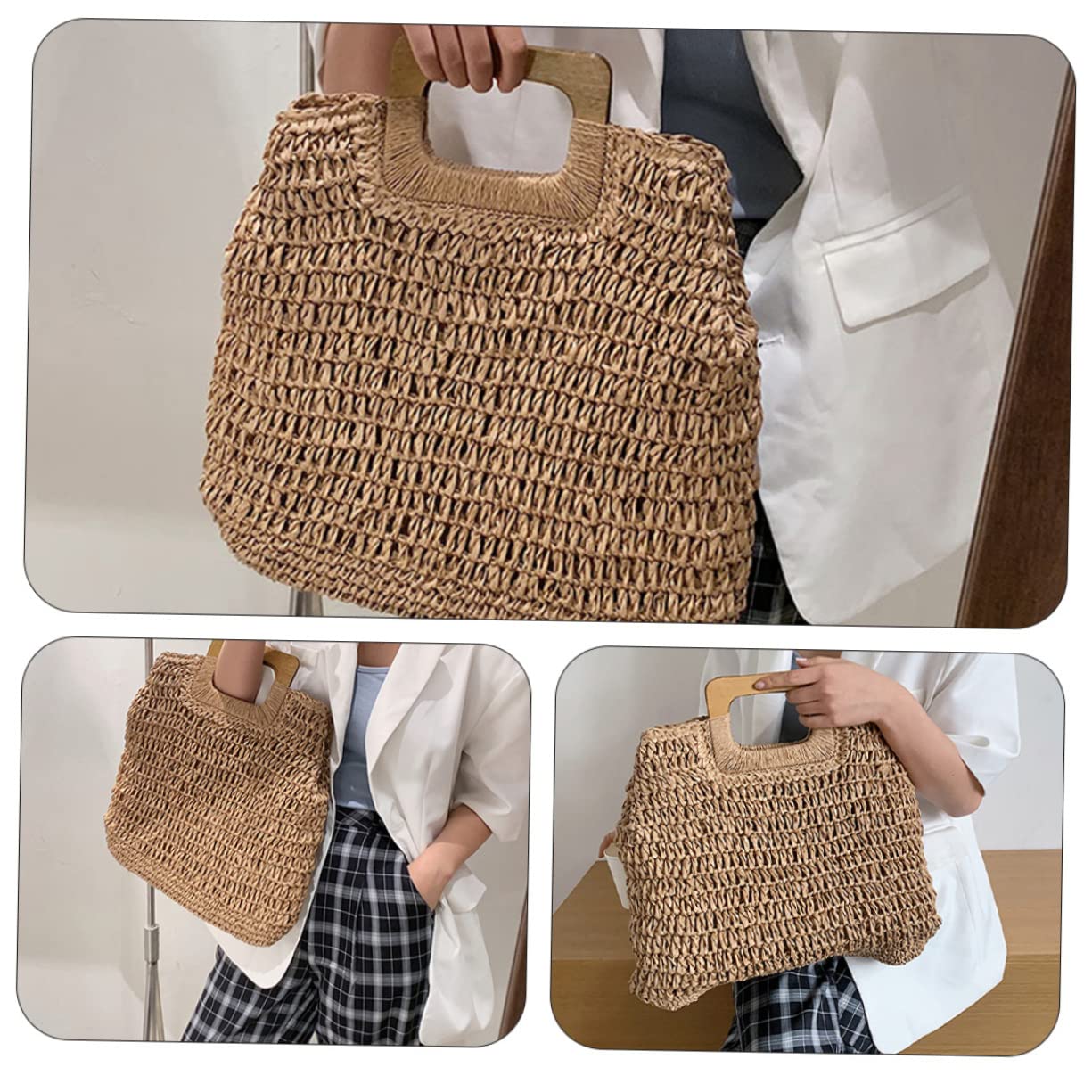 1pezzi Borsa Intrecciata Mano Per Ragazze Semplice Borsa Tote Estiva Mare Spiaggia Custodia Estiva Alla Moda Per Shopping e Spiaggia