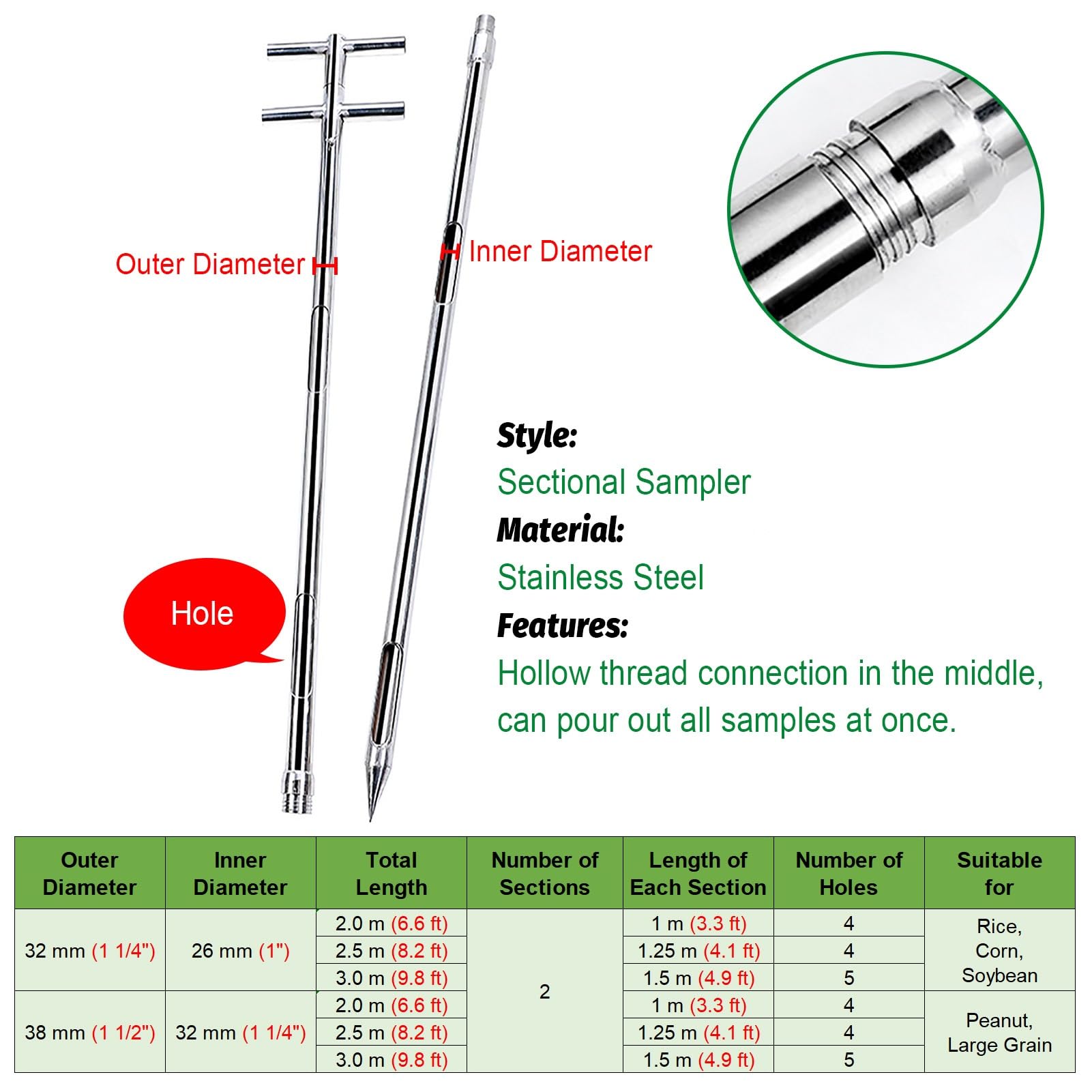 Sonda per campionatore di Cereali Portatile Lunga, Strumento di campionamento agricolo Portatile da 2,5 m per Giardino e Fattoria, Asta di campionamento di Polvere Solida (Diametro 38 mm / 1