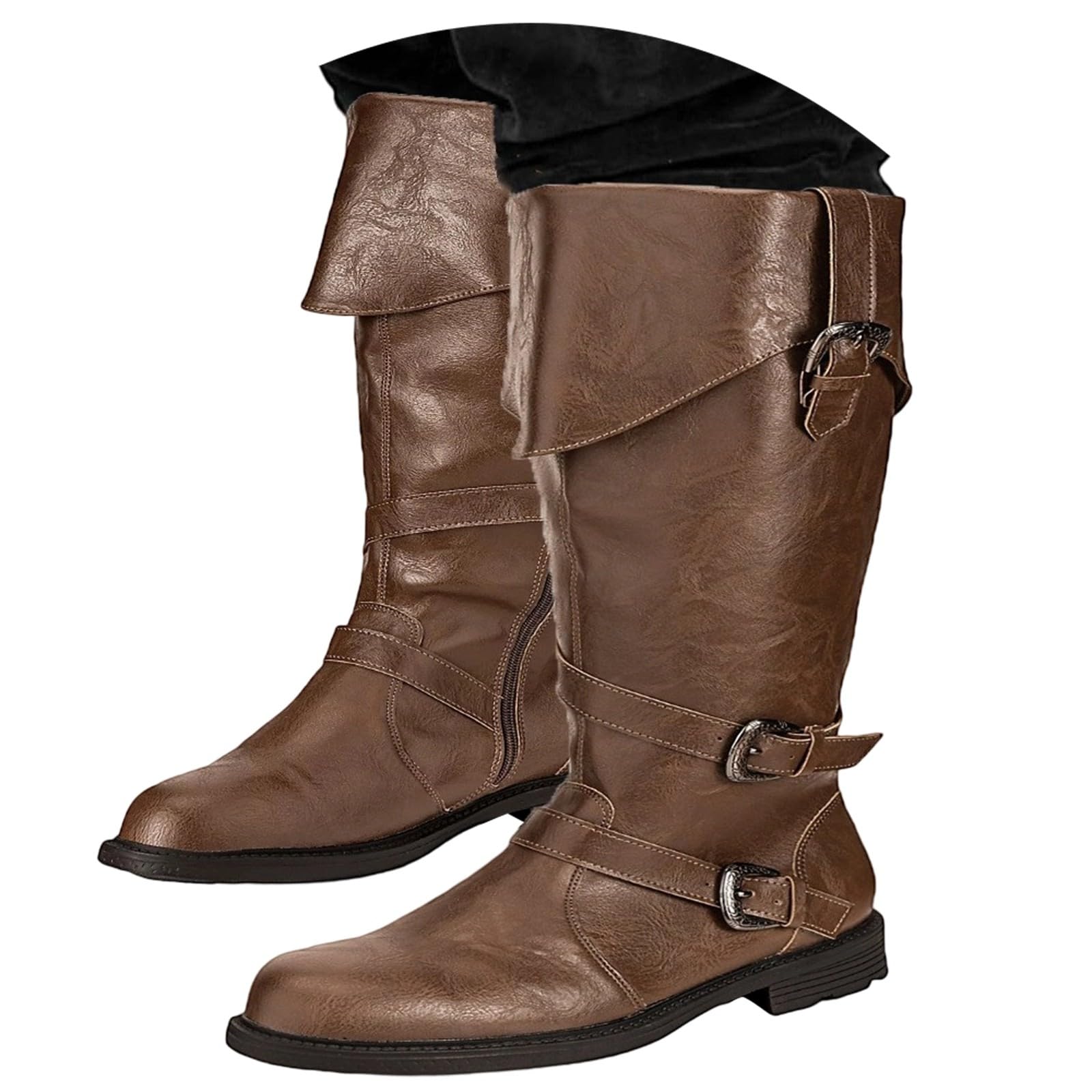 Medieval Knight Boots For Adults Cosplay - Viking Retro Long Shaft Leather Cuffed Shoes - Pu Leather Boots Renaissance Plus Size Boot Shoes With Belt Buckle Halloween Viking Cosplay — image 1