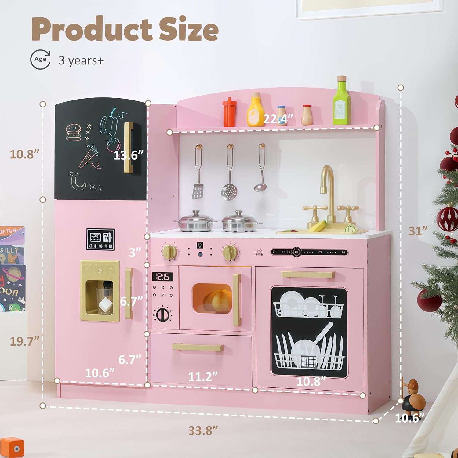 TODEFULL Pretend Kitchen Playset for Kids, Interactive Play Kitchen Wooden Toy Set w/Realistic Design, Sink, Microwave, Ice Maker, Dishwasher, Toddler Cooking Set Toy for Ages 3+, Pink