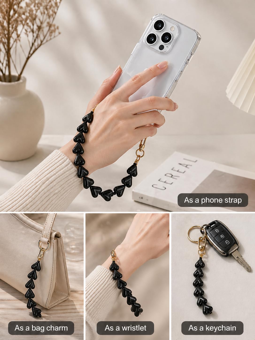 Heart Beaded Phone Charm Wrist Strap with Tether Tab, Cute Charm for Keys, Bags & Cameras