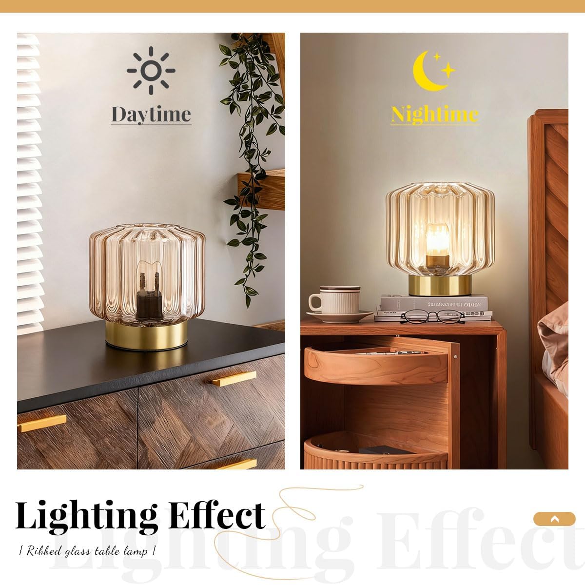 Mid Century Modern Table lamp Small Table Lamps with Touch Switch Amber Glass Table lamp Gold Desk lamp nightstand lamp Bedside Table Lamps for Bedroom Living Room Office