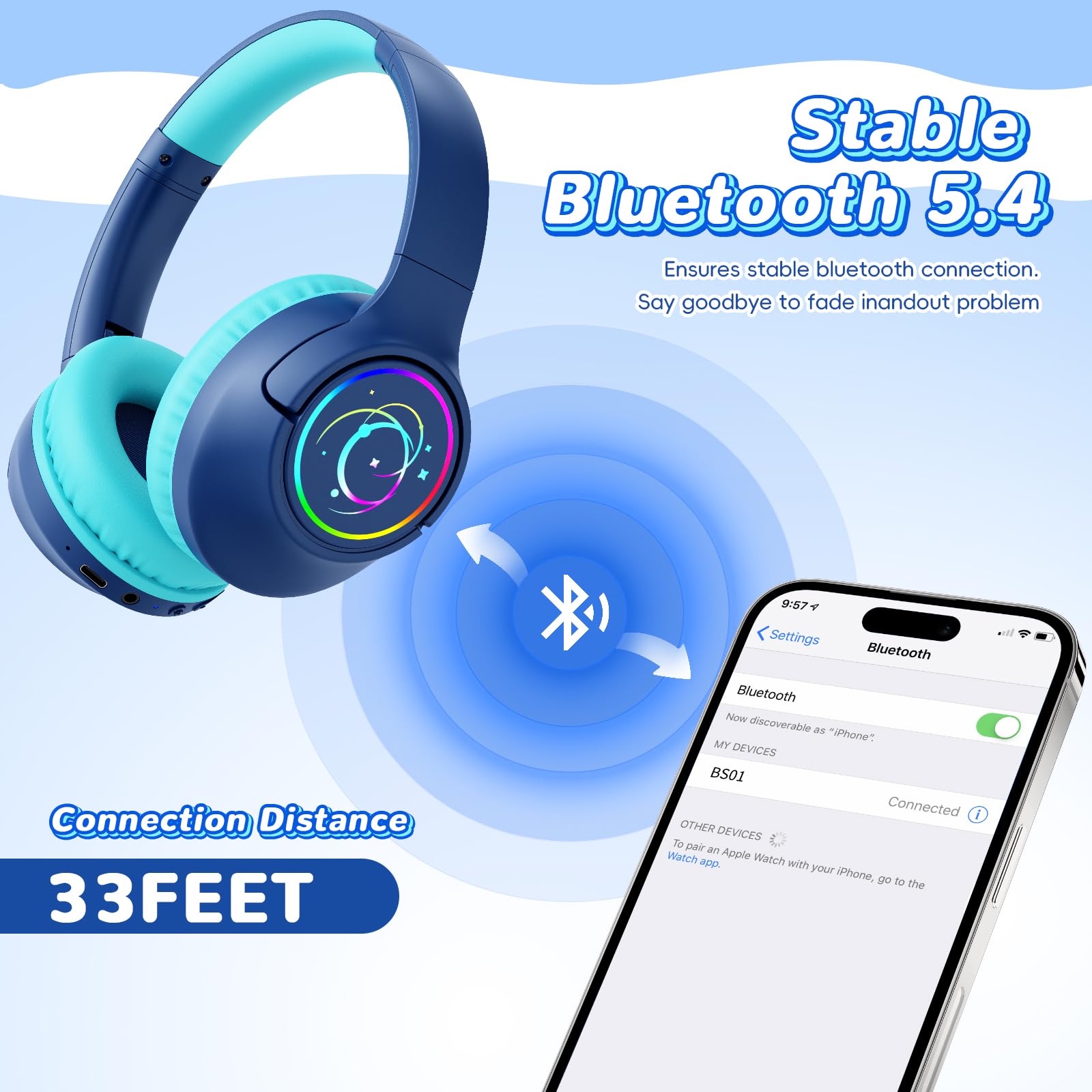 Auriculares Bluetooth para niños, 85 horas de reproducción, inalámbricos, luces LED coloridas, límite de volumen seguro de 85/94 dB, Bluetooth 5.4, micrófono integrado, auriculares para niños pequeños