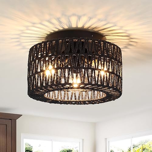 ZLNIDJIA Lámparas de ratán de 3 luces, estilo bohemio, retro, color negro, semiempotrado, para techo, tejida a mano, retro, para pasillo,
