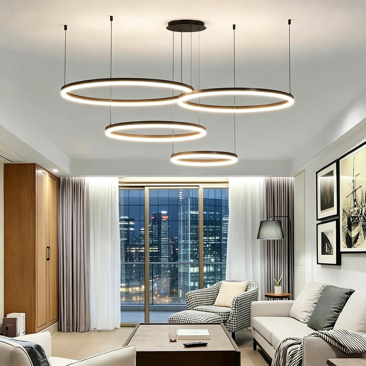 MADISH Modern Ceiling Chandelier Light, with Remote Control Dimmable 3 Color Mode & Brightness Ceiling Lamp, Anti-Flicker Dining Light Fixture for Kitchen, Dining Room(Black)