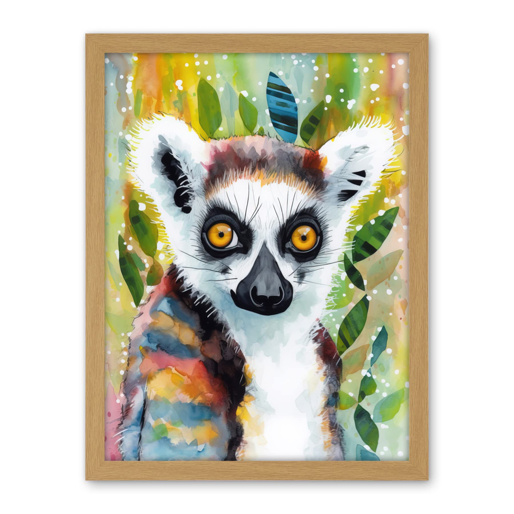 Artery8 Lemur Portrait Folk Art Watercolour Painting Artwork Framed Wall Art Print 18X24 Inch