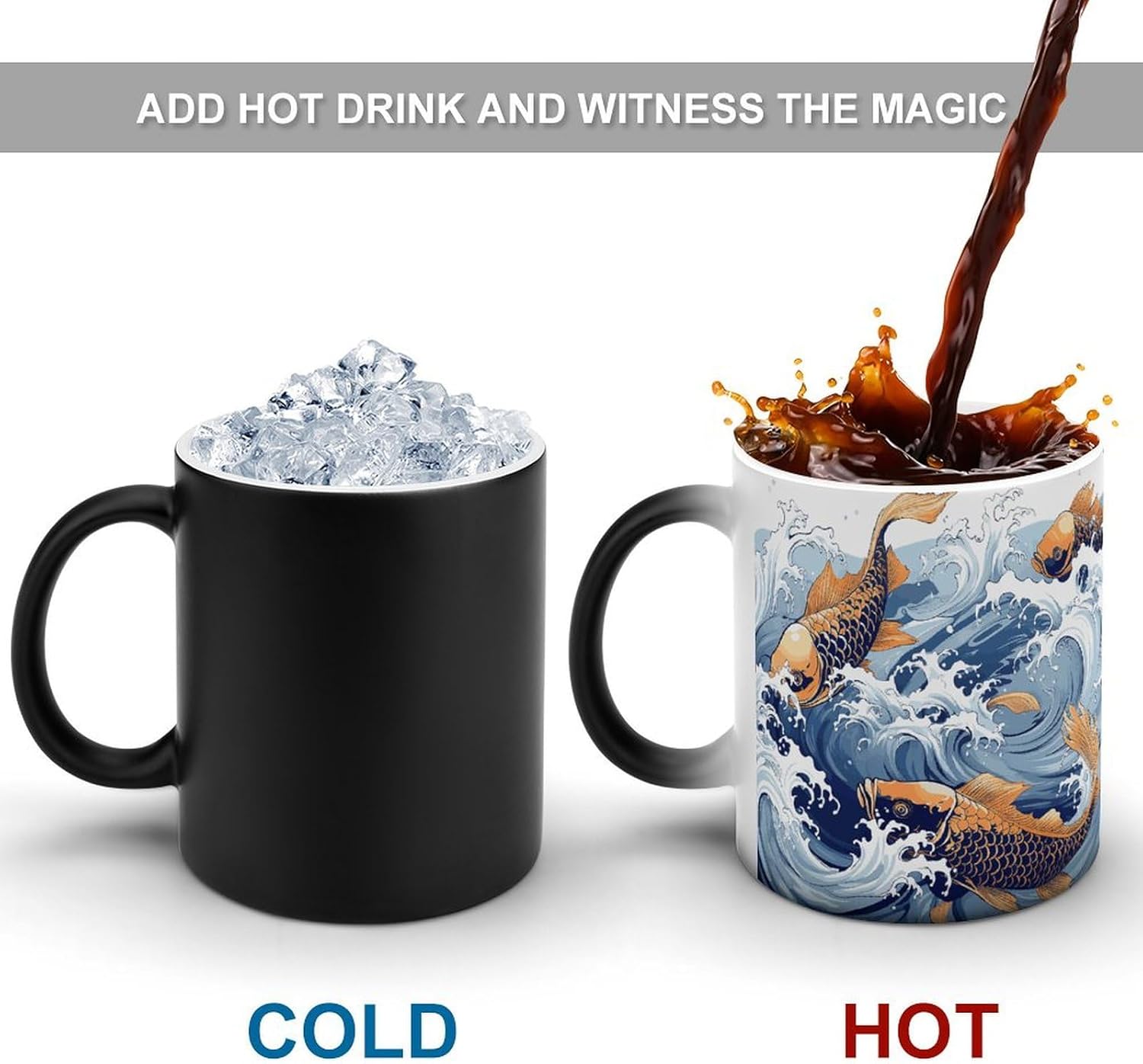 Color Changing Mug Carp with Wave Patterned Printed Ceramic Coffee Mug Heat Changing Sensitive Mug Magic Heat Changing Coffee Mug Novelty Coffee Mugs