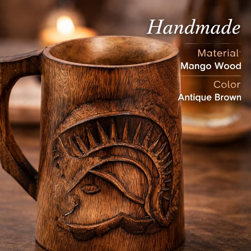 Handcrafted Wooden Beer Mug with Spartan Warrior Helmet Design Rustic Mango Wood Viking Tankard Eco-Friendly Stein Greek Roman Gift for Men, Groomsmen, Bar Decor