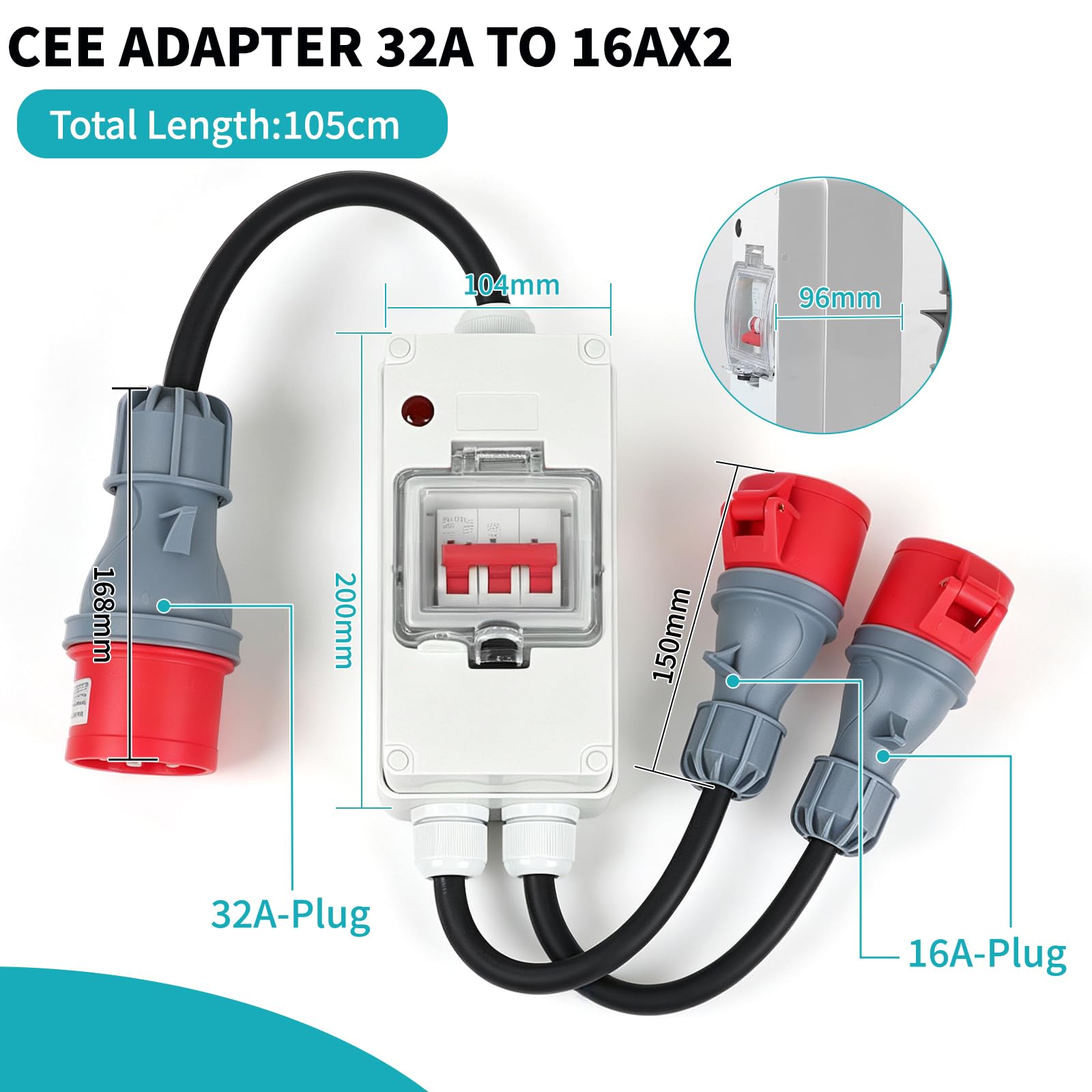 SWAWIS Adaptador CEE 32A A 16A X2 Enchufe Con Disyuntor Adaptador Corriente Fuerte Cable Goma H07RN-F 5x2,5mm² Protección IP44-IP66 Para Industria, Exterior & Adaptador Clavija Camping