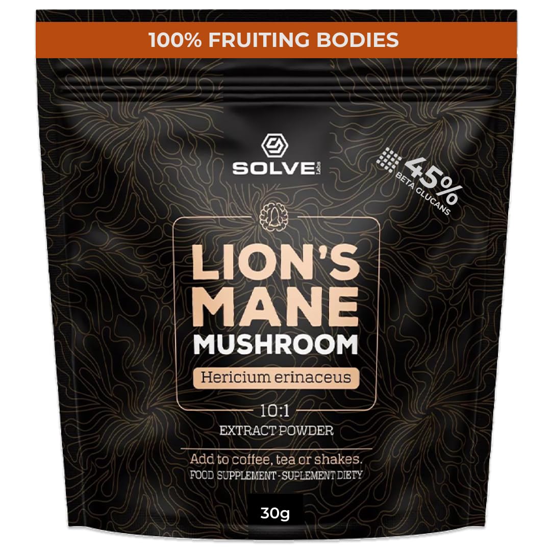 SOLVELabs® ● Lions Mane Powder ● 45% Beta-D-Glucans ● 10,000mg High Strength 10:1 Extract ● Fruiting Bodies ● Pure Lion's Mane Mushroom Powder ● Vegan ● Nootropic for Focus & Memory ● 30g