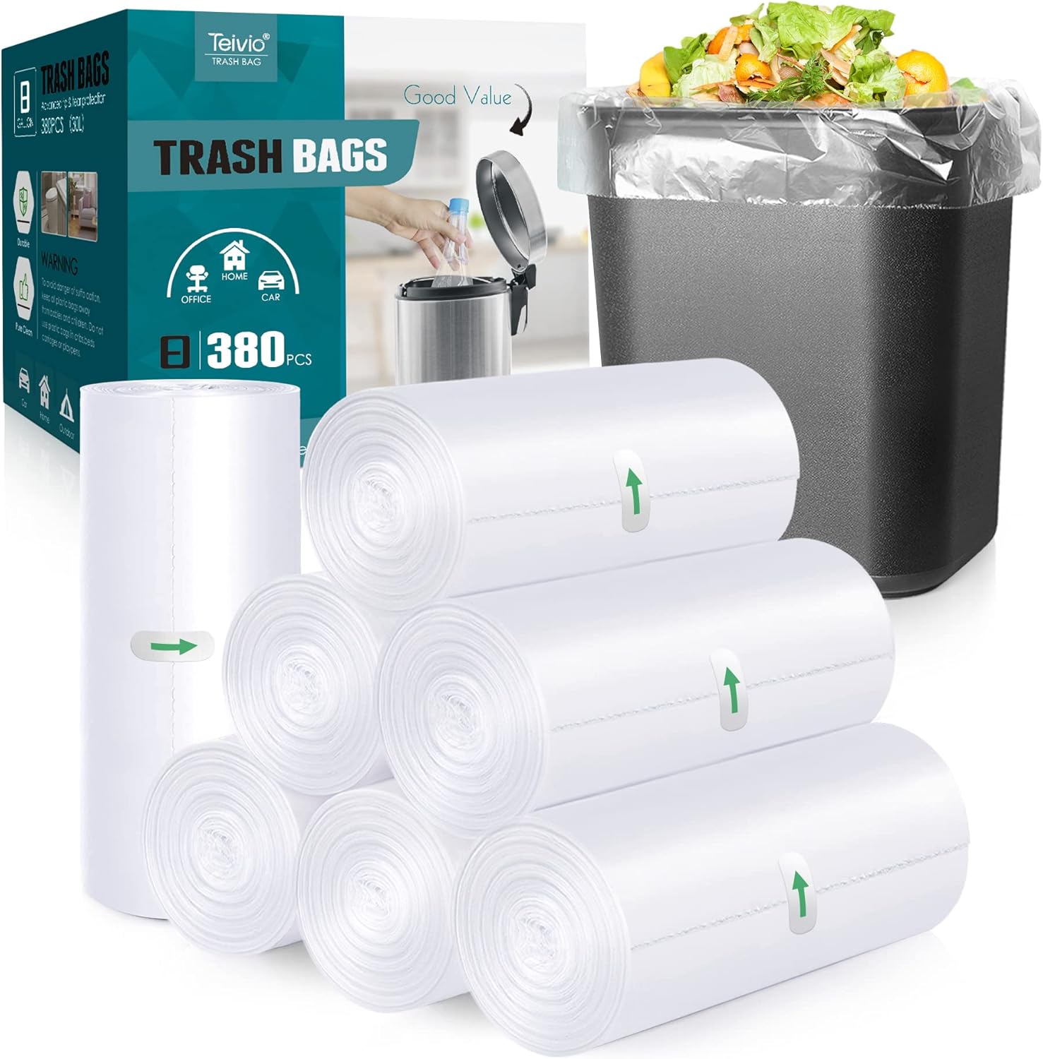 8 Gallon 380pcs Small Plastic Trash Bags Strong Garbage