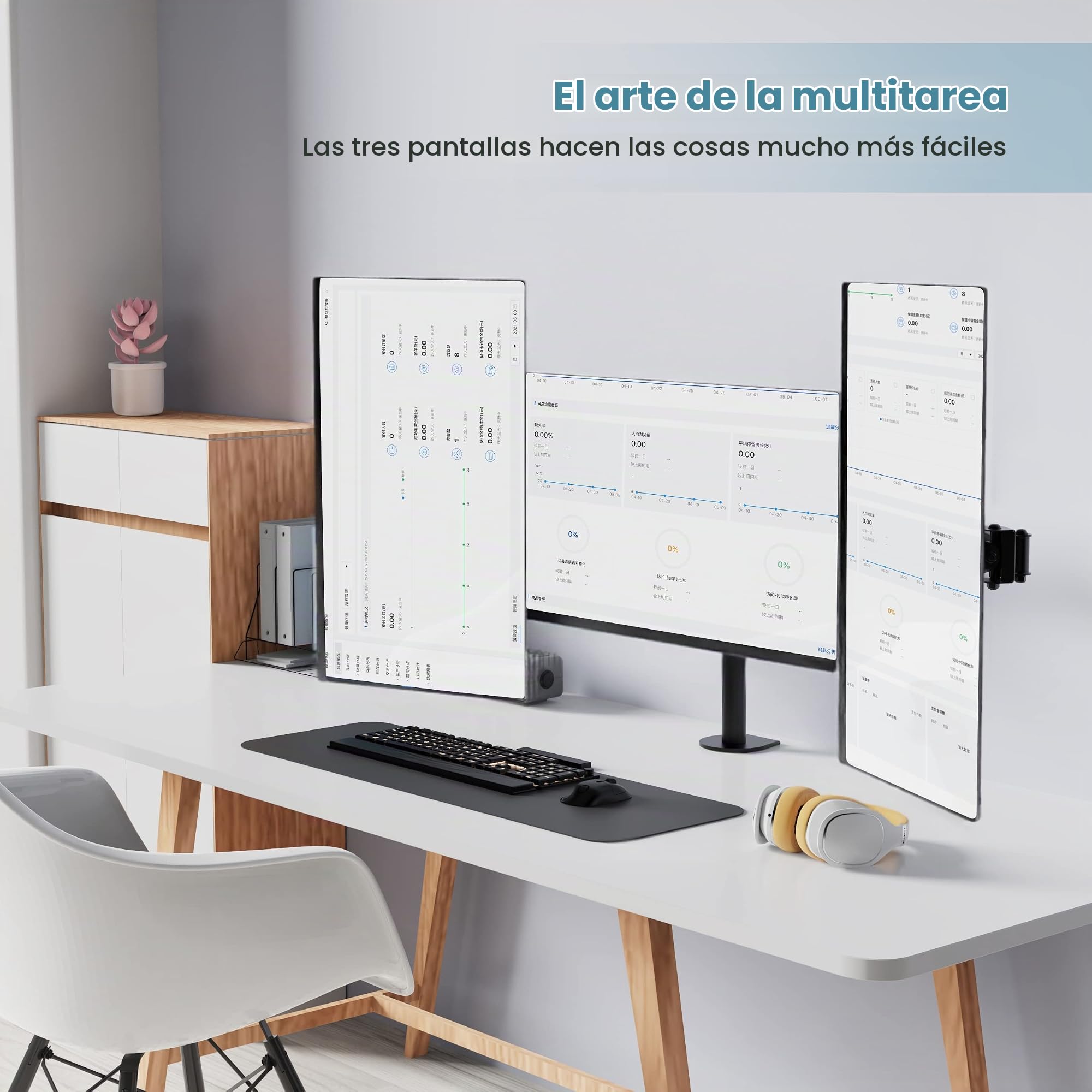 PUTORSEN Soporte de Tres Brazo de Escritorio Ajustable, para Pantalla de Monitor de TV, LCD y computadora de13-27, con Capacidad de Carga de 7kg para Cada Monitor
