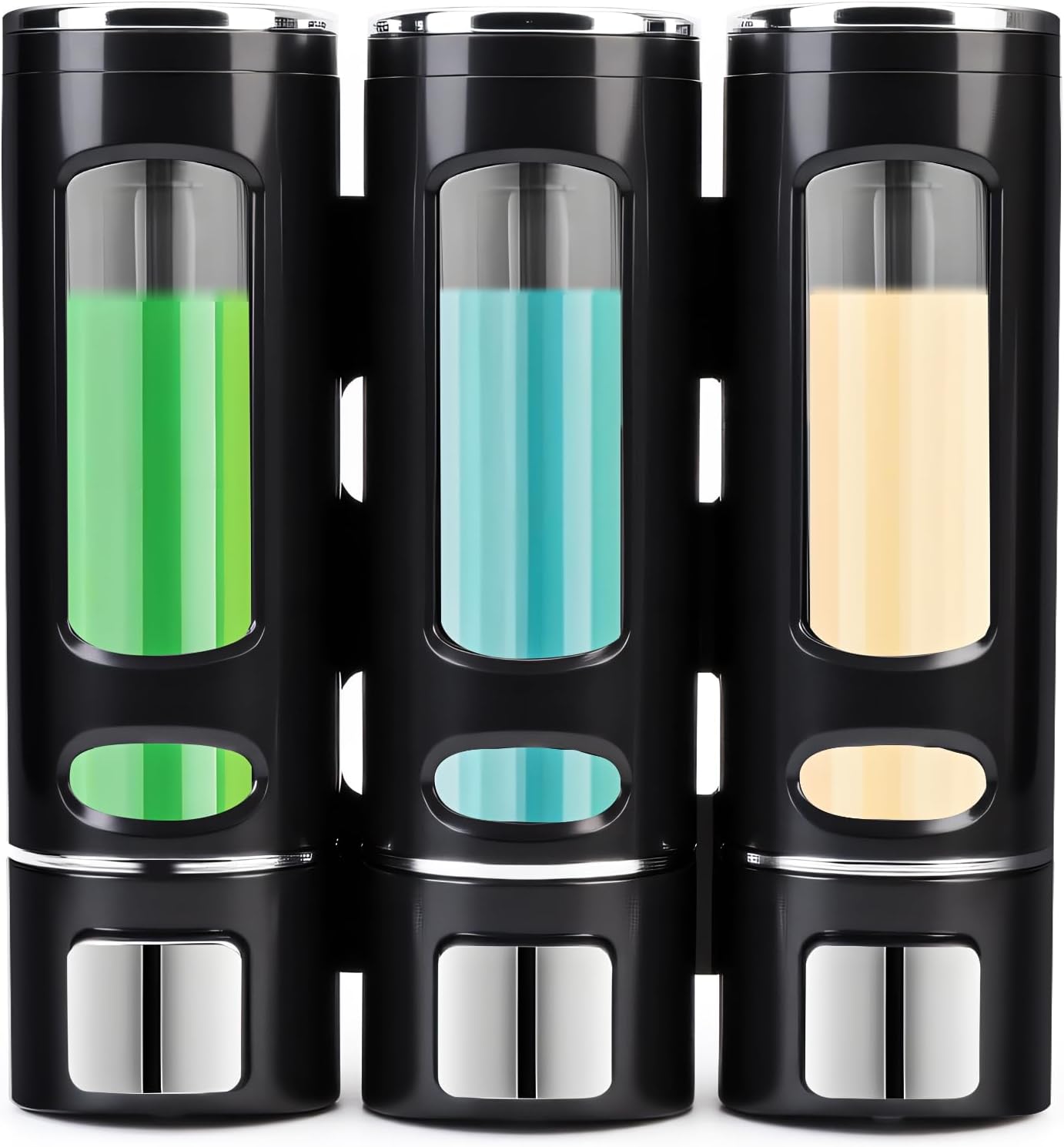 Shower Soap Dispenser, Shampoo and Conditioner Dispenser 3 Chamber 400ml, Wall Mounted No Drill Shampoo Body Wash Dispenser with Labels for Bathroom Hotel Large Capacity(Black)